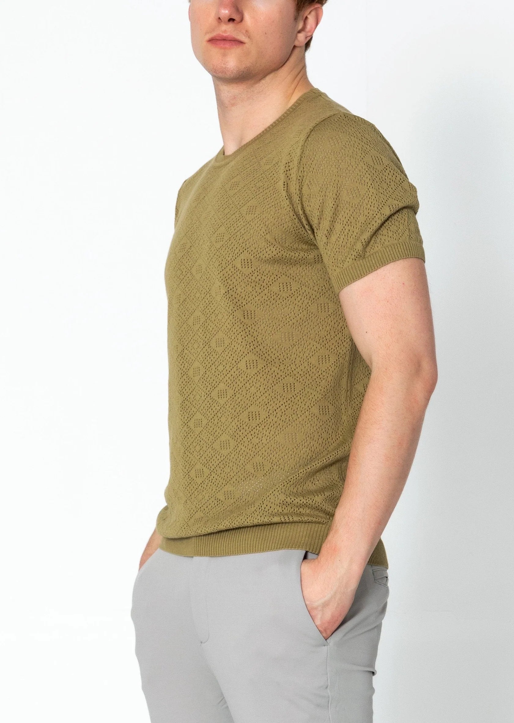 RNT23 Geometric Crochet T-Shirt for Women - Stylish Green Summer Top for Casual Outings & Beach Wear
