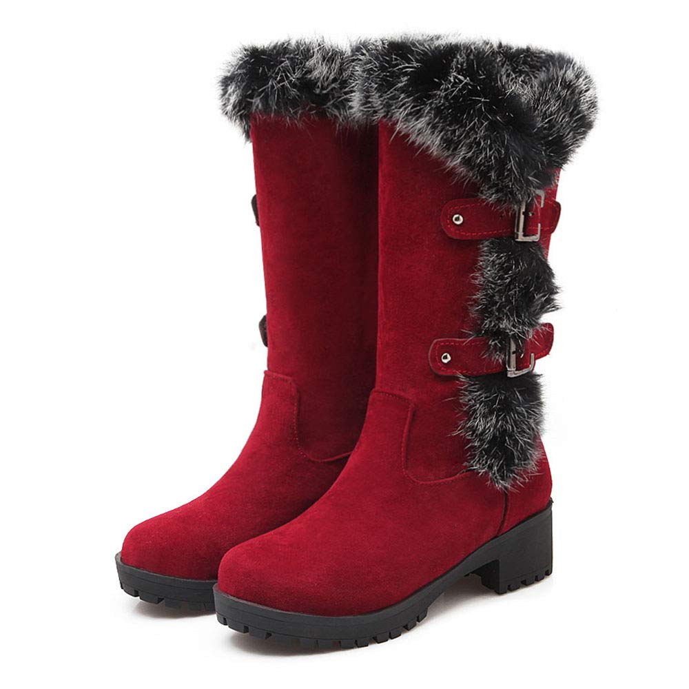 Allure Love Women's Winter Real Fur Rabbit Boots with Metal Buckle - Warm & Comfy Mid-Calf Snow Boots for Cold Weather, Outdoor Activities & Fashion Style