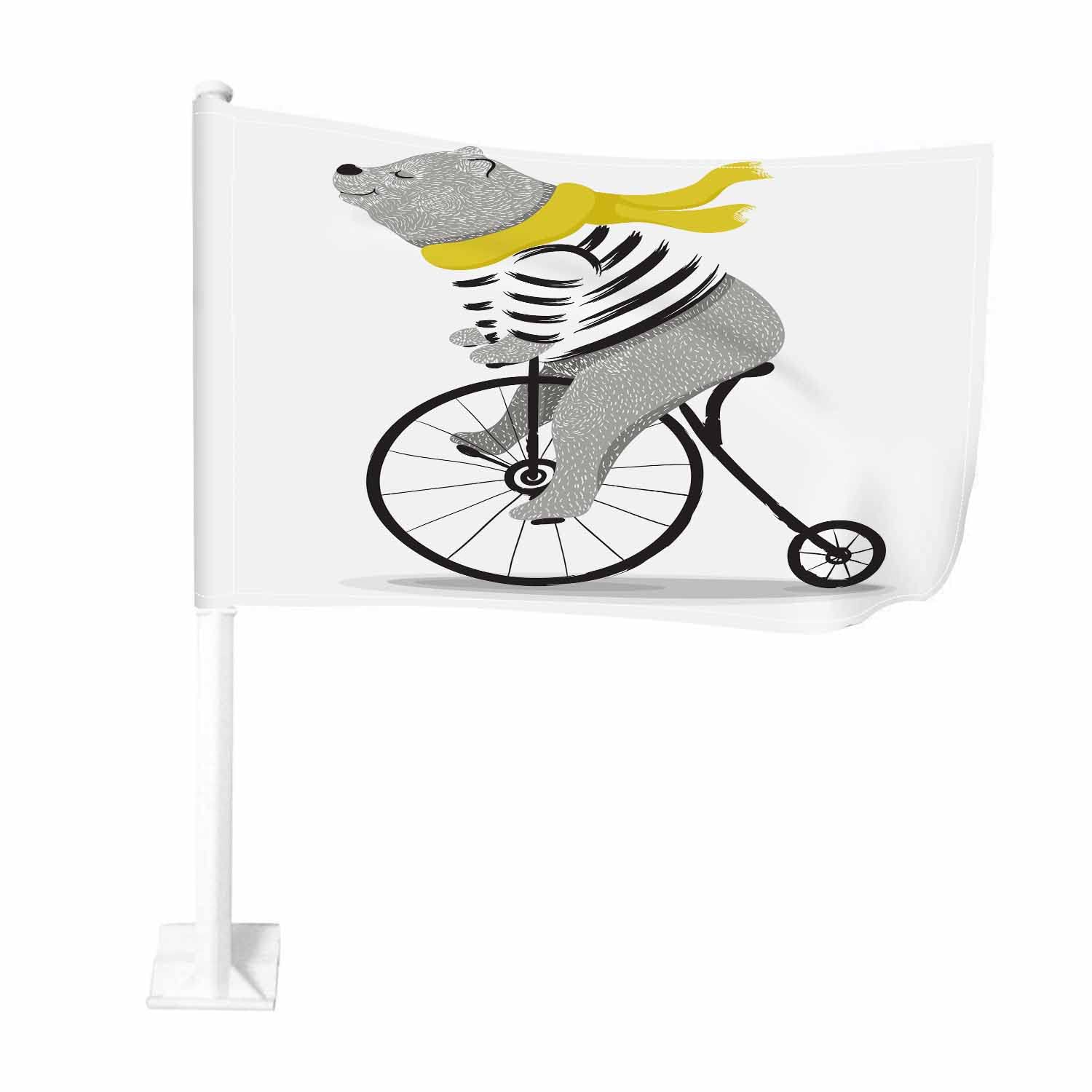 Beabes Bear Bicycle Circus Show Car Flag – Double-Sided Cartoon Animal with Yellow Scarf, Bike Ride Design, Easy Clip for Most Vehicle Windows – Perfect for Road Trips, Parades, and Outdoor Adventures