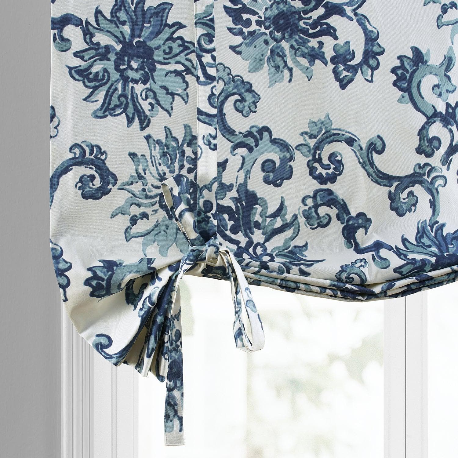 Indonesian Blue Floral Printed Cotton Blackout Window Curtain - Elegant Room Darkening Tie-Up Shade for Bedroom, Living Room & Nursery