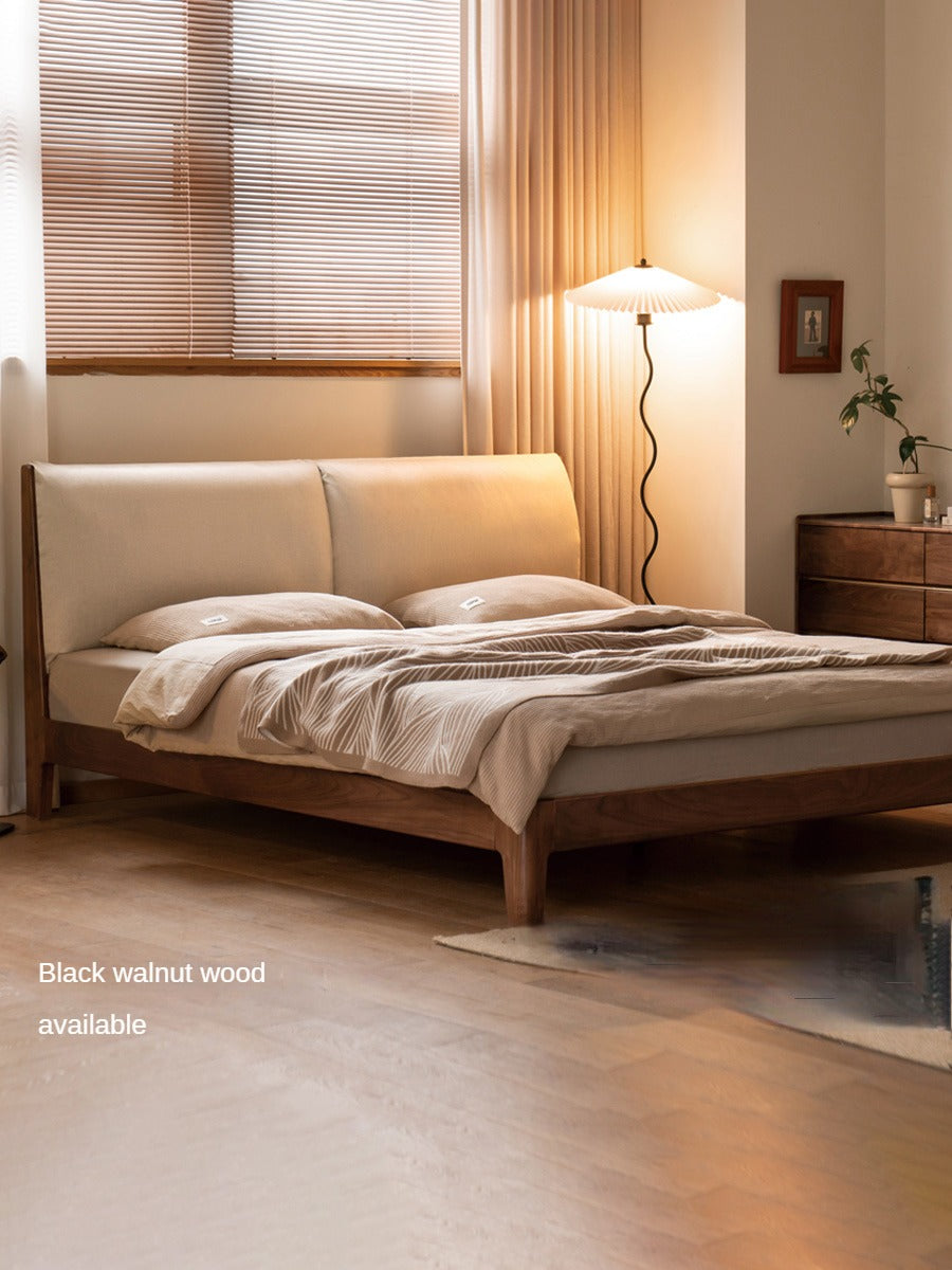 Solid Oak and Black Walnut Wood Fabric Soft Bed - Premium Handcrafted Wooden Bed Frame for Bedroom, Durable and Stylish Home Furniture for Master Bedroom, Guest Room, or Kids Room