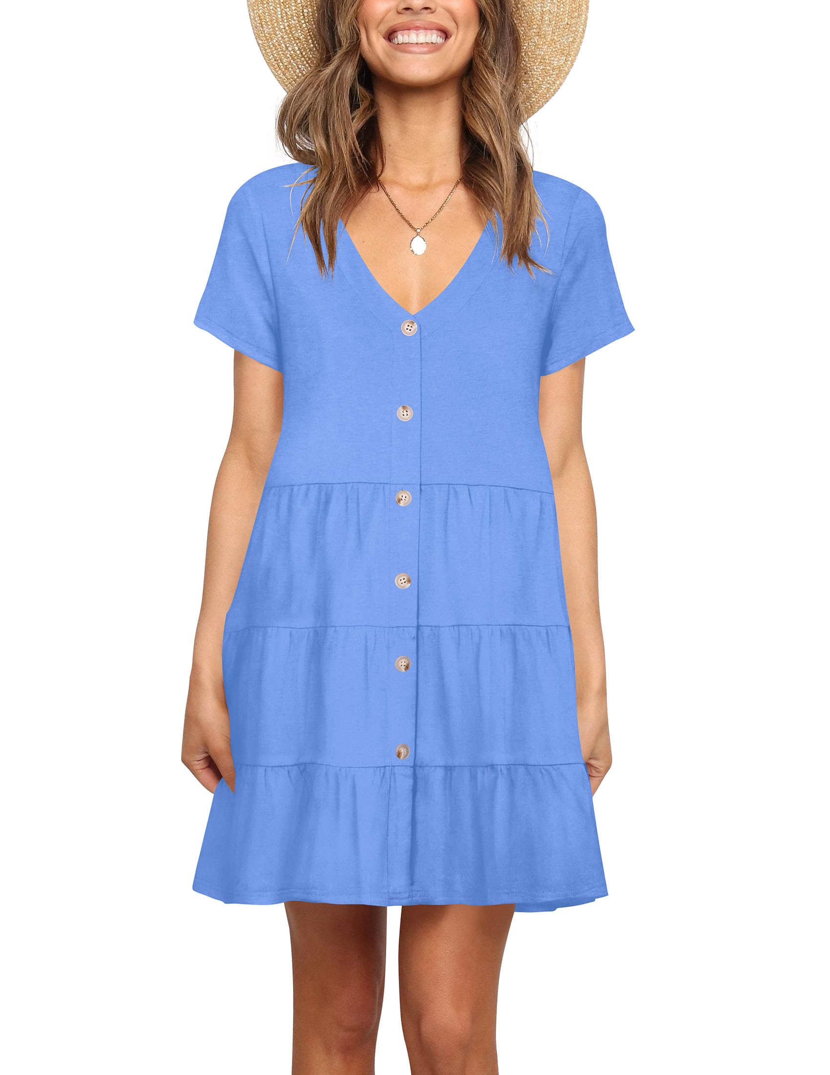 Nova In Sky Women's Summer Dresses 2025 - Short Sleeve V-Neck Casual Swing Dress with Buttons | Loose Fit T-Shirt Dress for Beach, Vacation & Everyday Wear