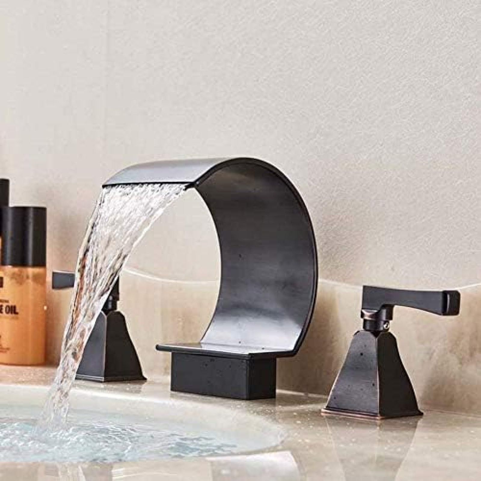 CRJUS Widespread Double Handle Kitchen Faucet - Black Bronze Waterfall Deck Mounted Sink Faucet with Hot & Cold Water Control - Perfect for Modern Kitchen and Bathroom Renovation