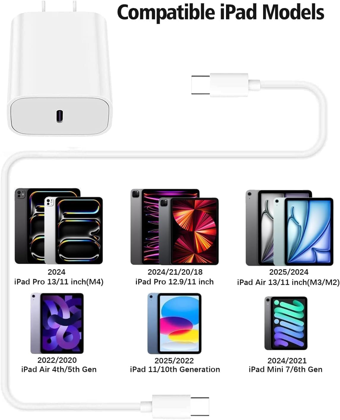 10FT iPad Charger Cord - 20W USB C Fast Charging Cable for iPad Pro 13/12.9/11 inch, iPad 10th/11th Gen, iPad Air 13/11/5th/4th Gen, iPad Mini 6/7th - Perfect for Home, Office & Travel Use