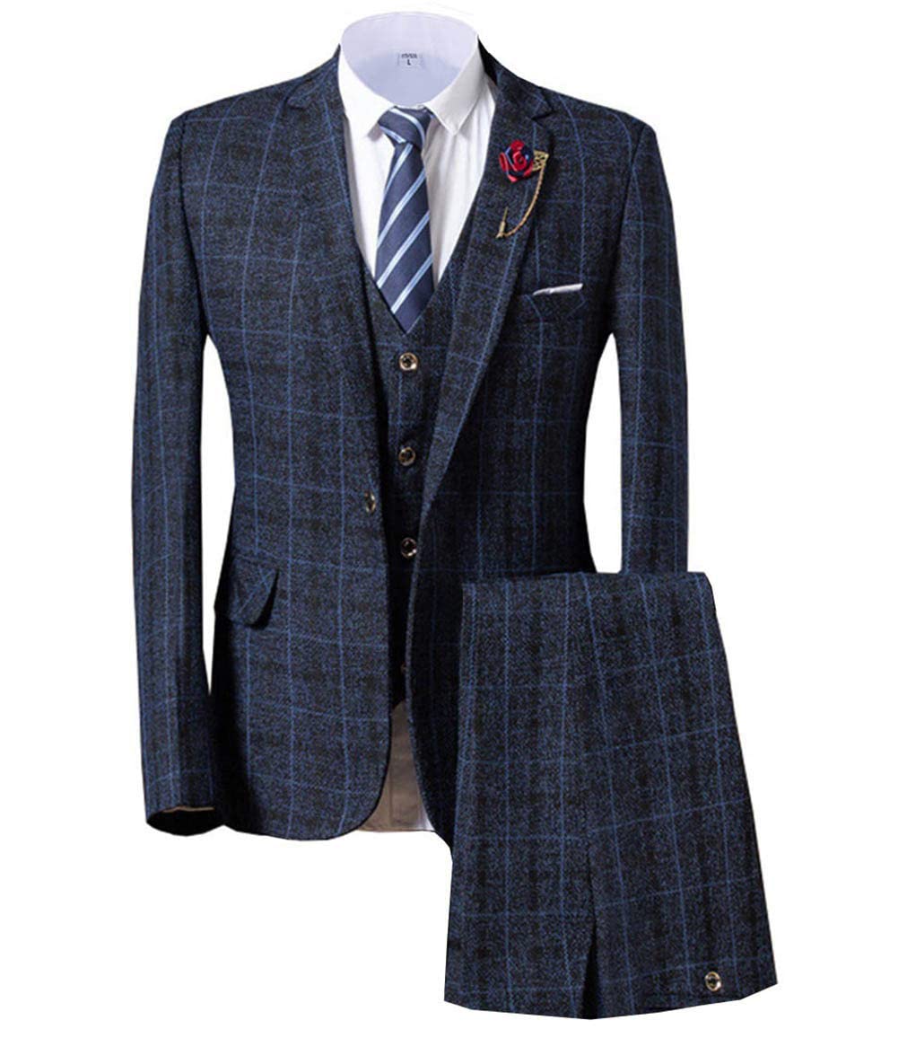 Men's Slim Fit Plaid Tweed 3-Piece Suit - Checkered Wedding Tuxedo & Formal Dinner Suit | Perfect for Business Meetings, Cocktail Parties & Special Occasions