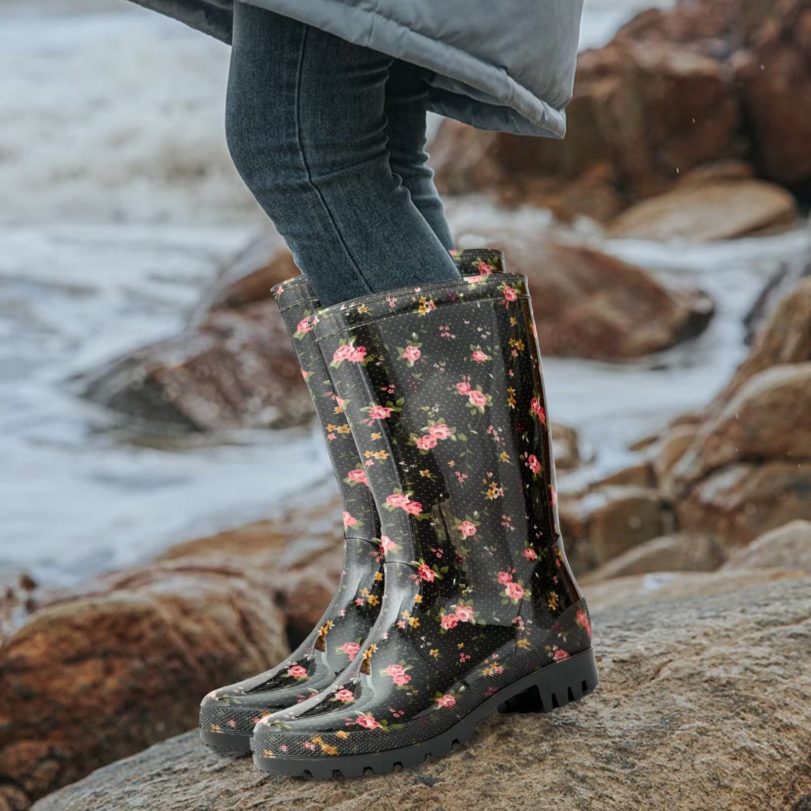 DaeRainy Women's Waterproof Mid-Calf Rain Boots - Non-Slip Garden, Fishing, Farm & Outdoor Work Boots for Women - Perfect for Rainy Days, Yard Work & Outdoor Adventures