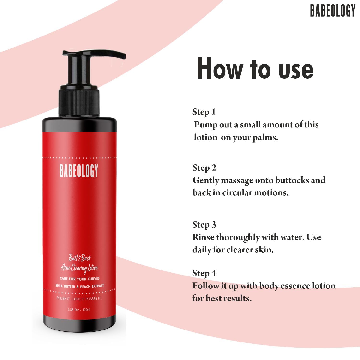Babeology Back and Bum Acne Clearing Lotion 100ml - Butt Acne Treatment & Dark Spot Removal Cream with Shea Butter & Peach Extract | Effective Scar Fading & Skin Brightening | Perfect for Body Acne, Blemish Care & Smooth Skin Routine