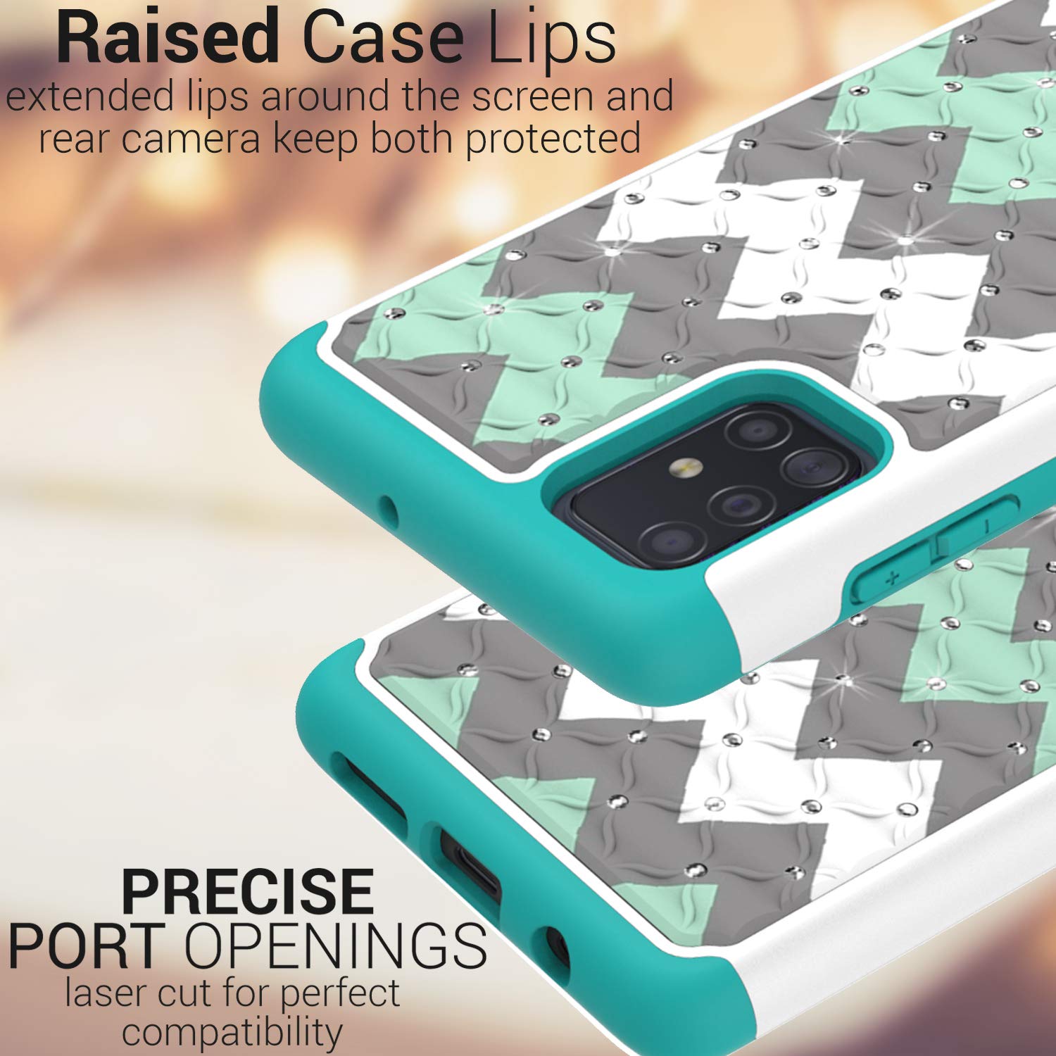 Sparkle Rhinestone Dual Layer Shockproof Case for Samsung Galaxy A71 - Bling Hybrid Protective Cover with Teal Chevron Design | Perfect for Parties, Night Out & Fashion Accessories