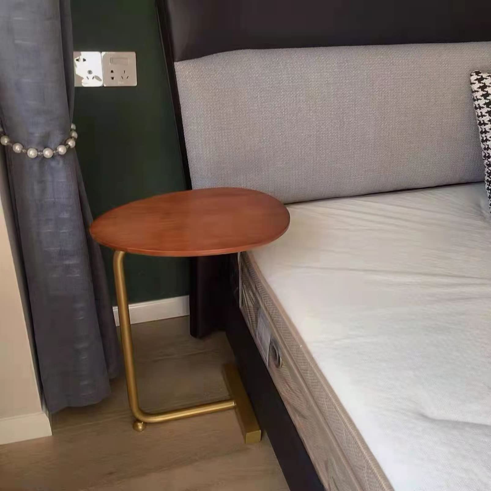 Modern Round C-Shaped Side Table - 24 Inch Small Narrow End Table for Bed, Sofa & Living Room - Wood & Metal Coffee Snack TV Tray - Brown - Perfect for Bedroom, Lounge & Movie Nights