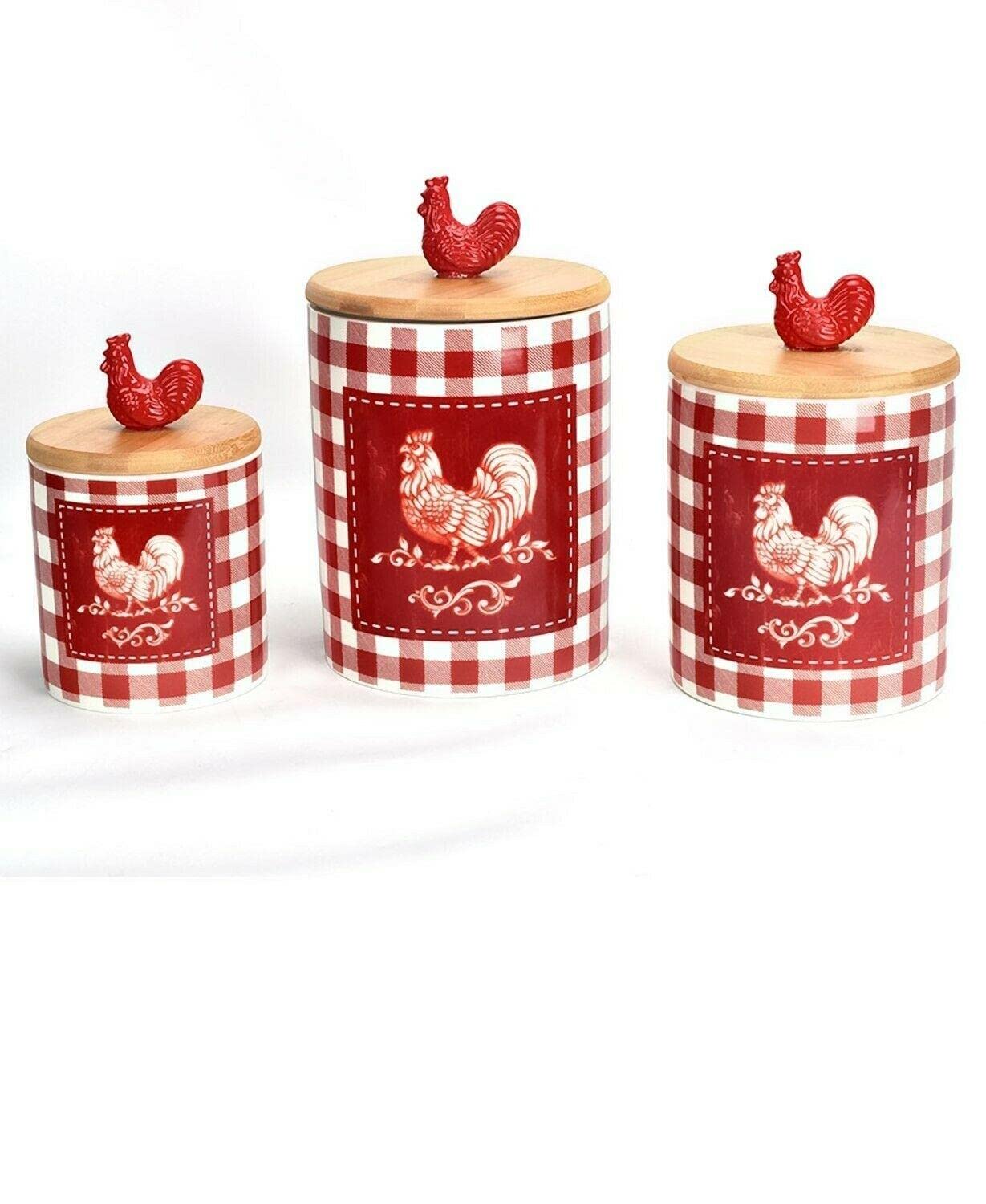 Premium 3-Piece Red Rooster Canister Set with Airtight Lids - Kitchen Storage Jars for Flour, Sugar & Coffee - Perfect for Pantry Organization & Countertop Decor