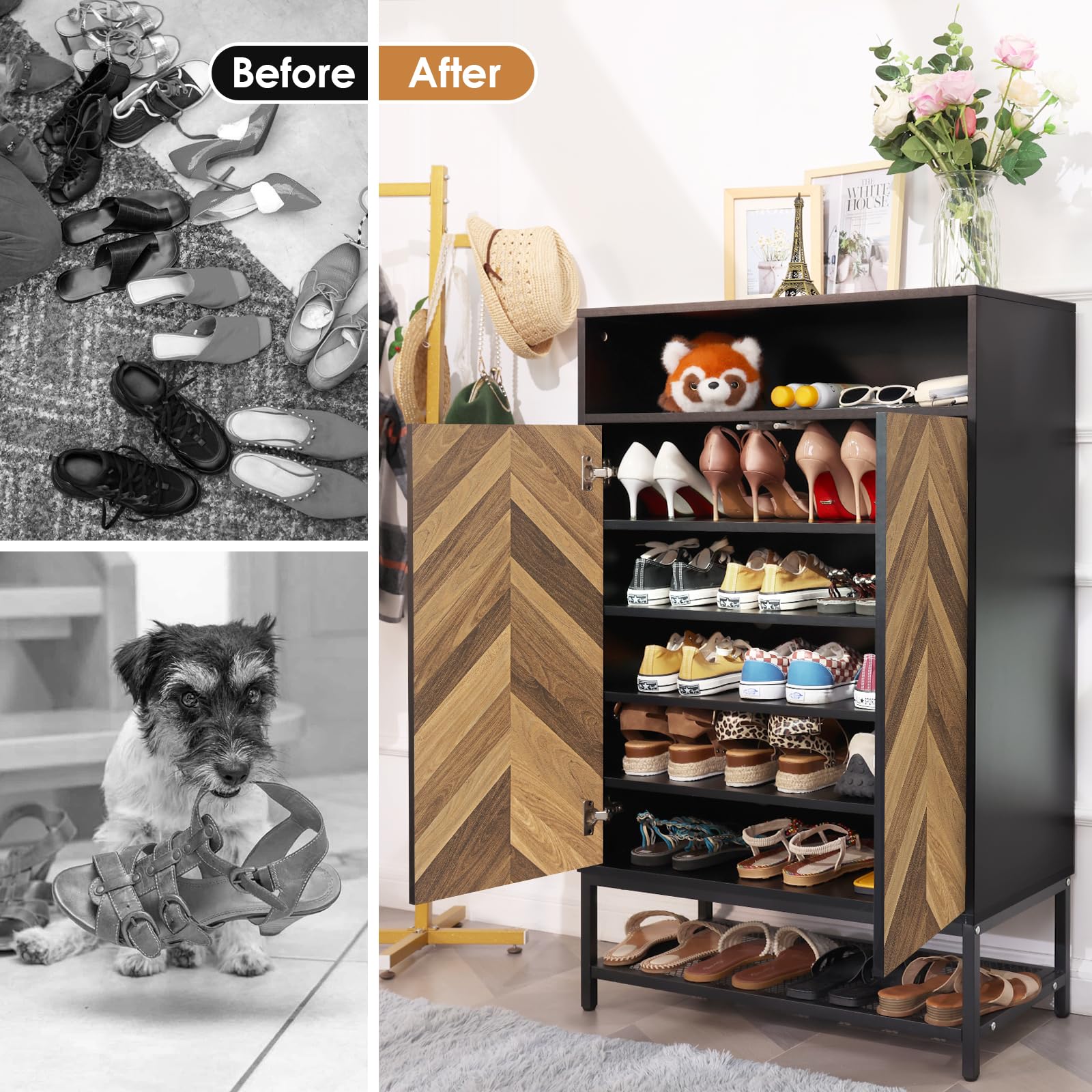 Homdox 7-Tier Shoe Storage Cabinet - Holds 24 Pairs with Doors & 3 Adjustable Shelves, Wooden Shoe Organizer for Entryway, Hallway, Living Room - Perfect for Small Spaces & Home Organization (Black)