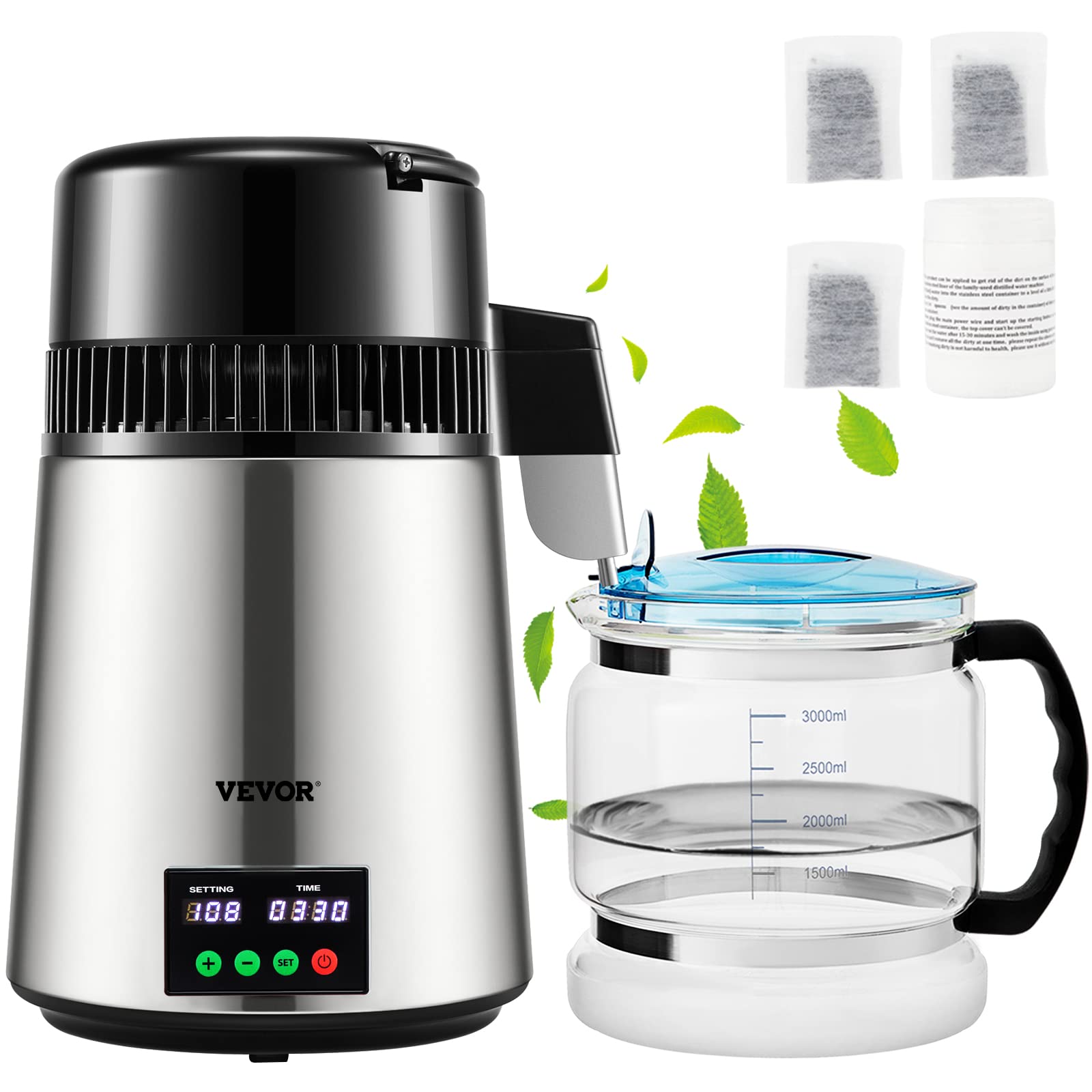 VEVOR 1.1 Gallon Countertop Water Distiller Machine - 750W Stainless Steel with Glass Carafe, 0.3 Gal/Hour Output & Digital Display - Includes Cleaning Powder & 3 Carbon Filters for Home, Office, or Emergency Preparedness