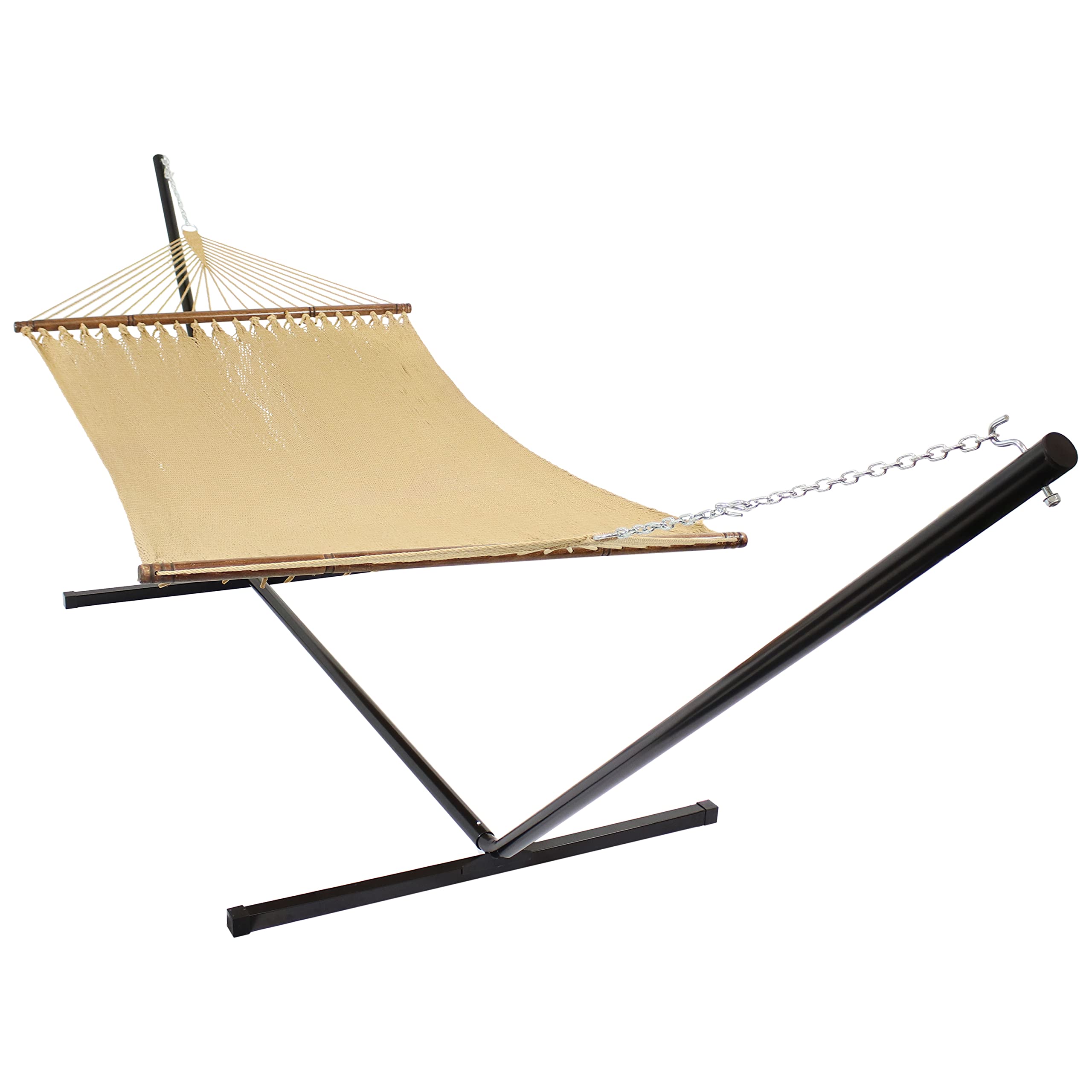 Sunnydaze 15-Foot Steel Stand Double Hammock with 400lb Capacity - Durable Polyester Rope & Black/Tan Design - Perfect for Backyard, Patio, Camping & Outdoor Relaxation