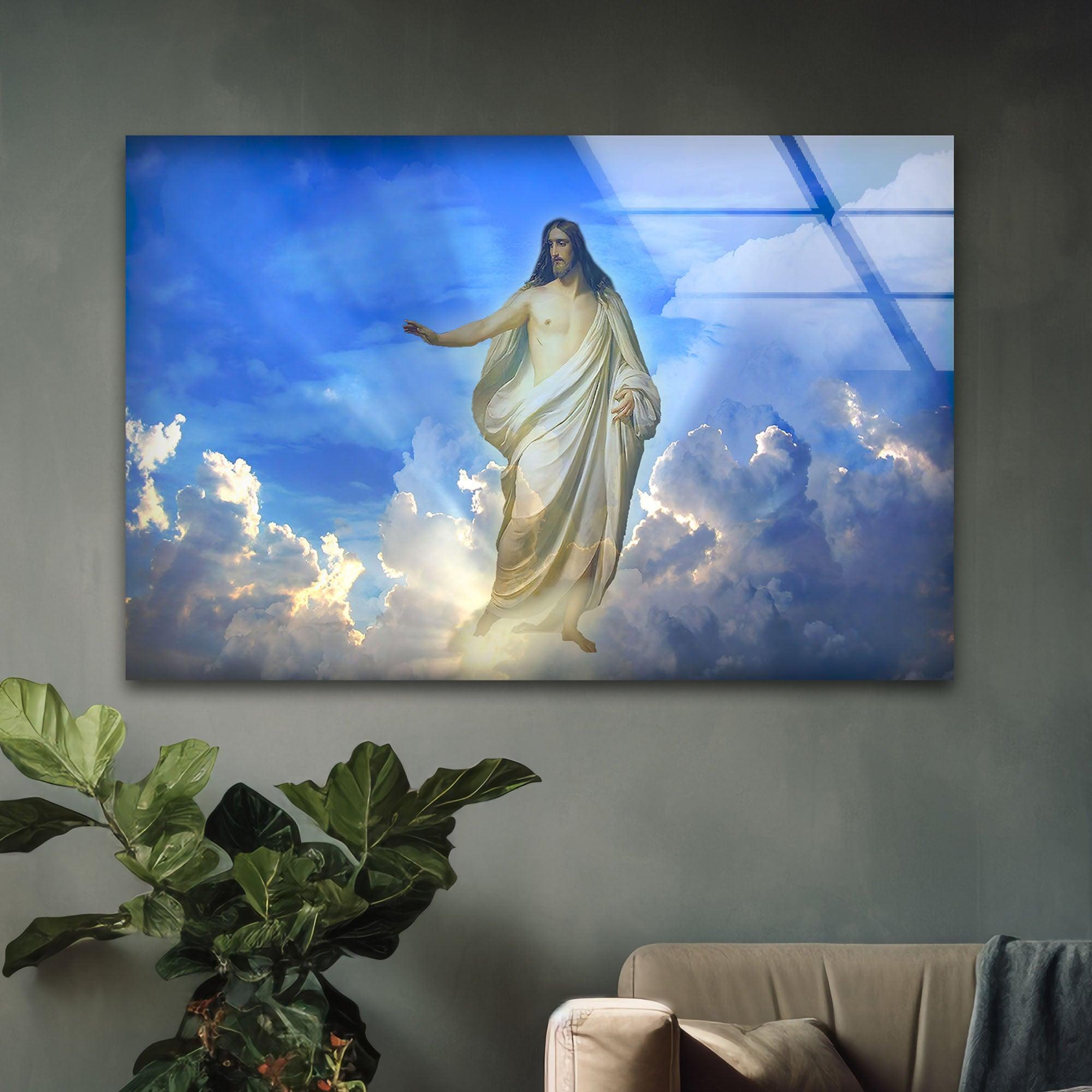 Blue Christian Jesus Cross Glass Wall Art - Handmade Religious Home Decor for Church, Bedroom & Office - Perfect Gift for Faithful Believers