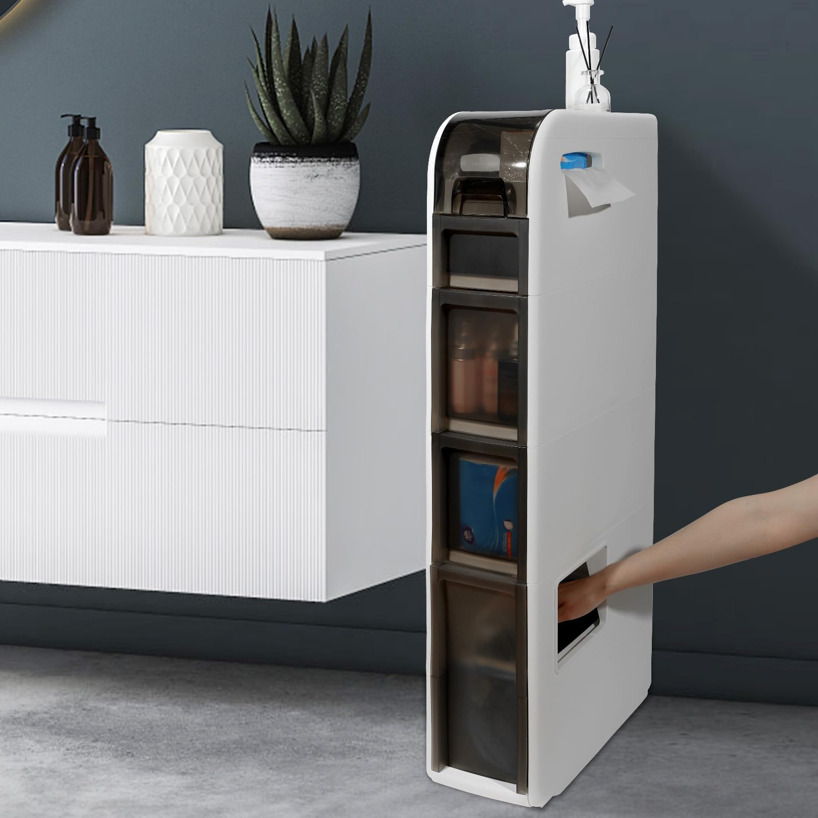 Slim Waterproof Narrow Bathroom Storage Cabinet with Drawers & Toilet Paper Holder - Compact 4-Tier Organizer for Small Spaces - Perfect for Bathroom, Toilet, Vanity & Apartment Storage Organization