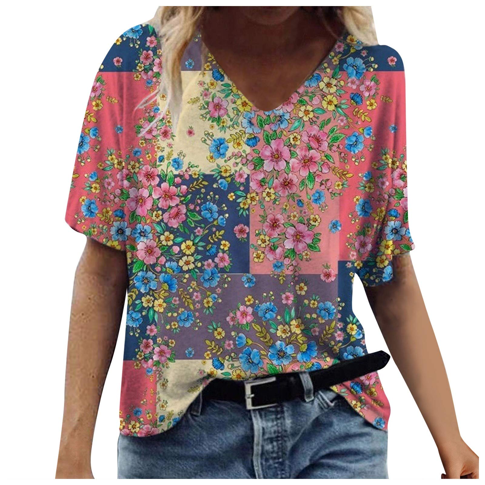 Women's Plus Size Casual Short Sleeve T-Shirt - Floral Print O-Neck Loose Blouse Top for Everyday Wear & Summer Outfits