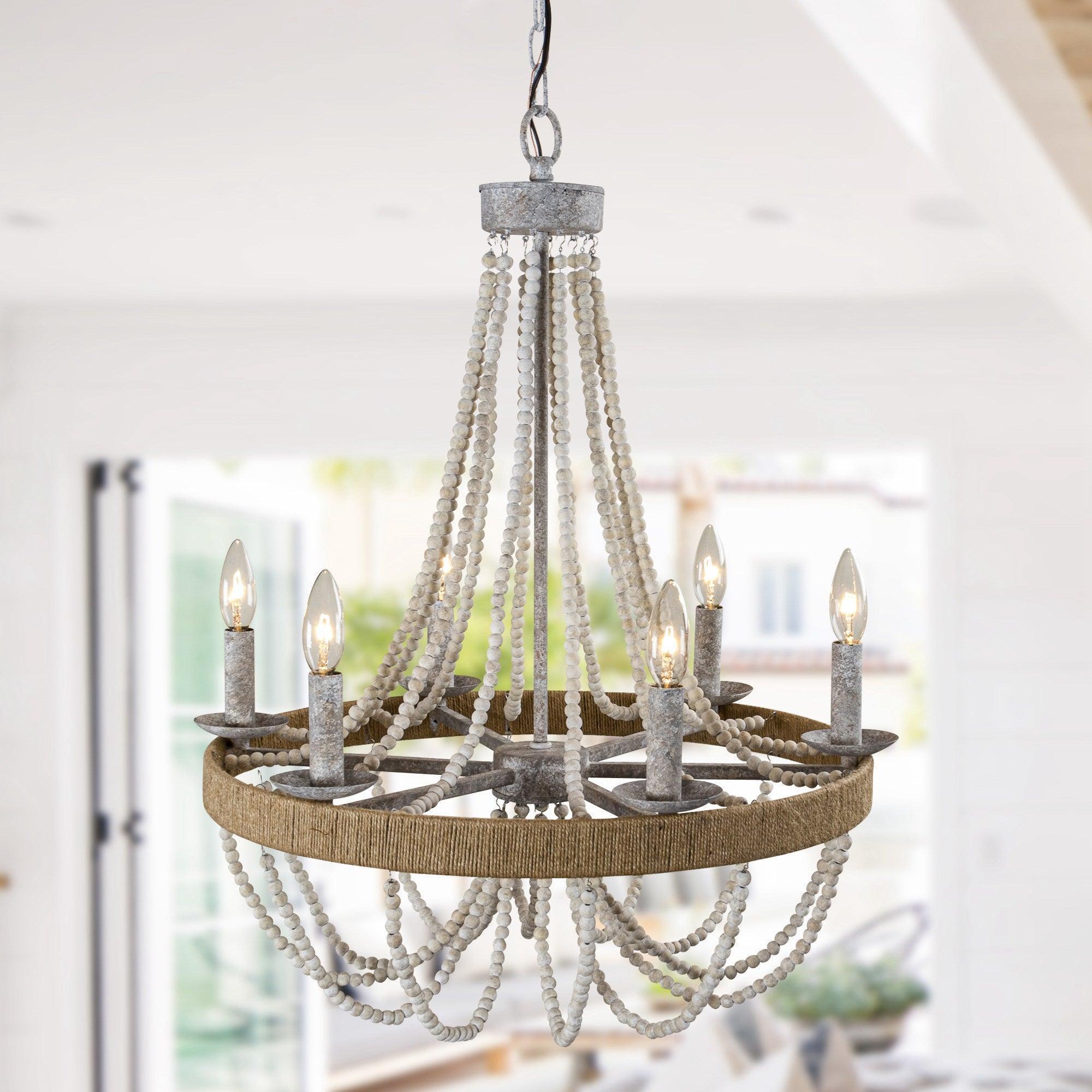 Chokio 6-Light Wood Bead Chandelier - Rustic Farmhouse Ceiling Light Fixture for Dining Room, Bedroom, or Living Room Decor
