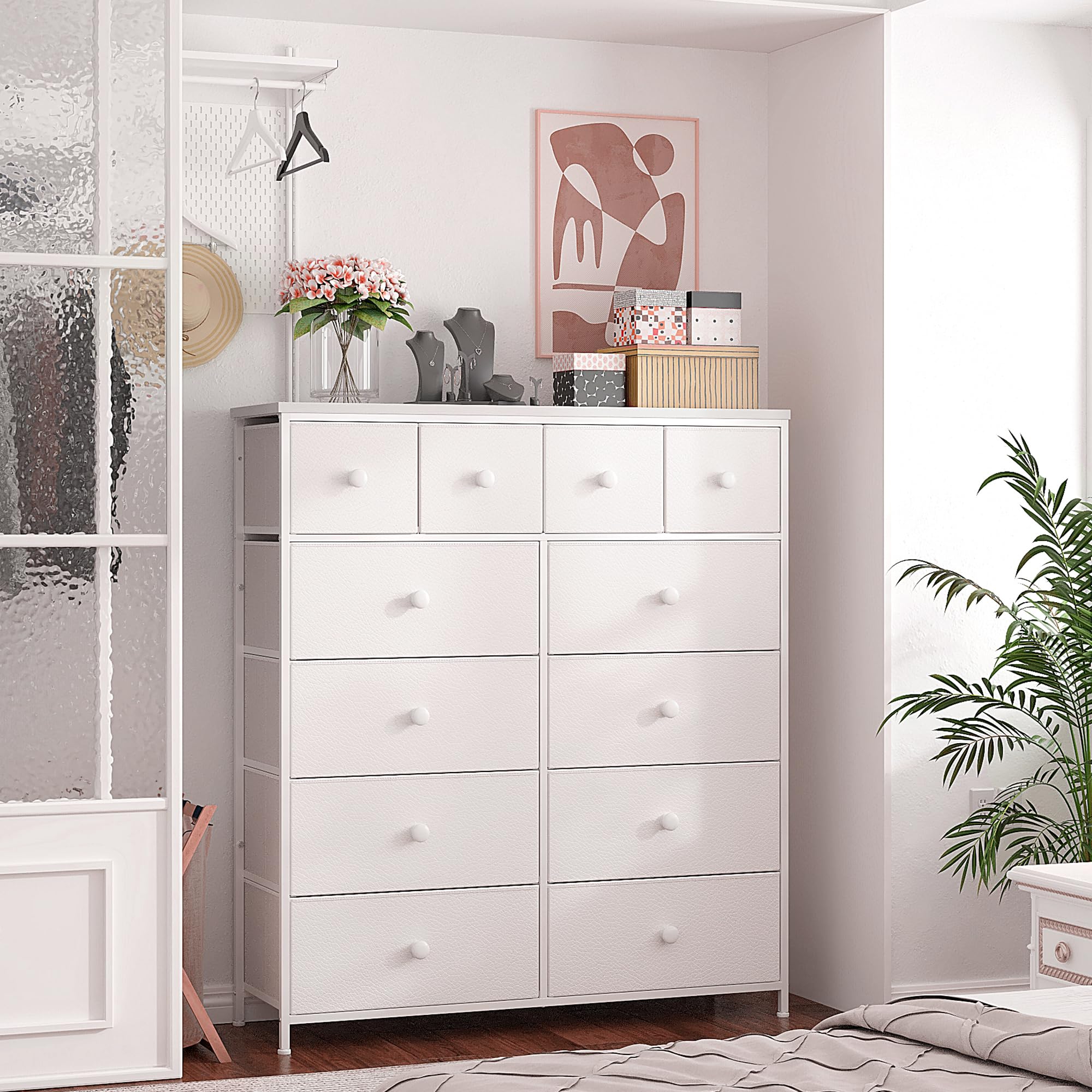 EnHomee 12-Drawer White Dresser for Bedroom - Wood Top & Metal Frame Tall Chest of Drawers - Perfect for Girls Room, Living Room, Hallway & Closet Organization - Ideal for Clothes, Toys & Home Storage