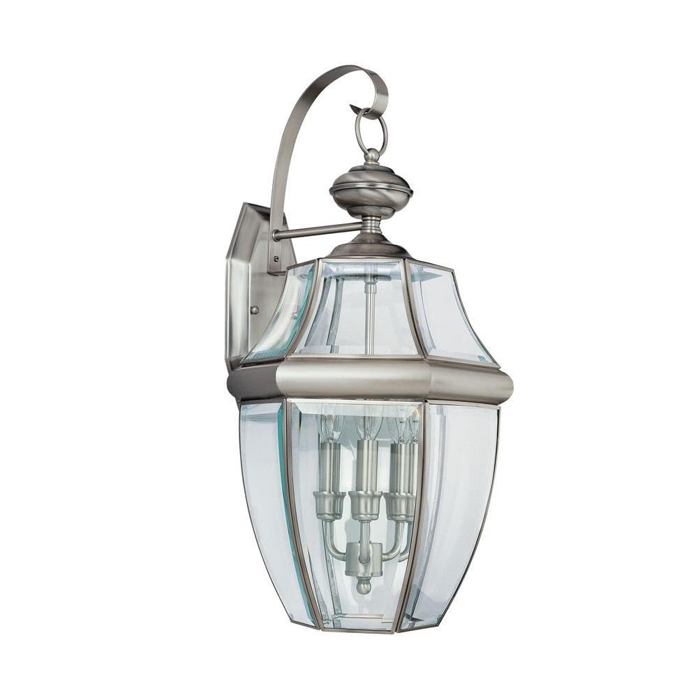 Antique Brushed Nickel Outdoor Wall Lantern with Three Lights - Traditional Incandescent Fixture for Porch, Patio & Garden Lighting - Model 73-Bel-608494