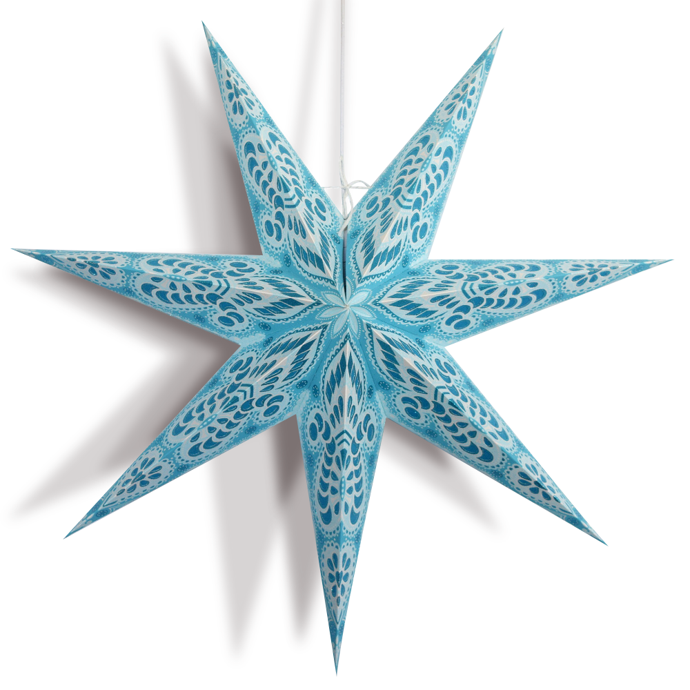 24 Pack Turquoise Blue Peacock 7-Point Paper Star Lanterns - Hanging Decorative Party Lights for Wedding, Baby Shower & Home Decor
