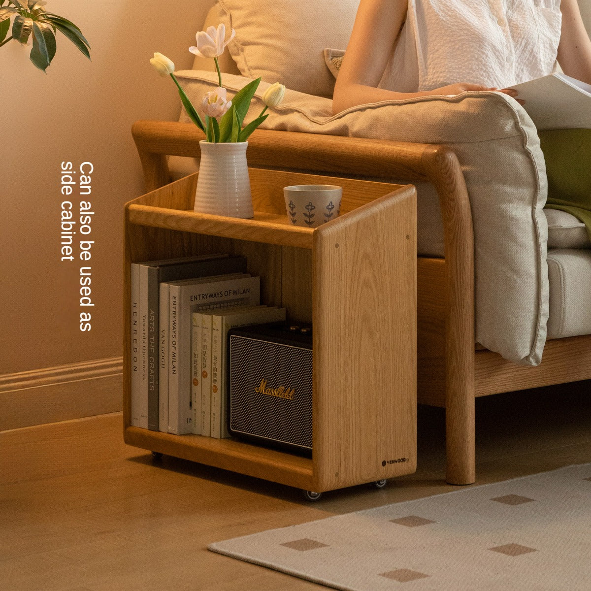 Solid Oak Wood Under Table Bookshelf - Movable Storage Shelf for Books, Toys & Decor - Perfect for Living Room, Bedroom & Office Organization