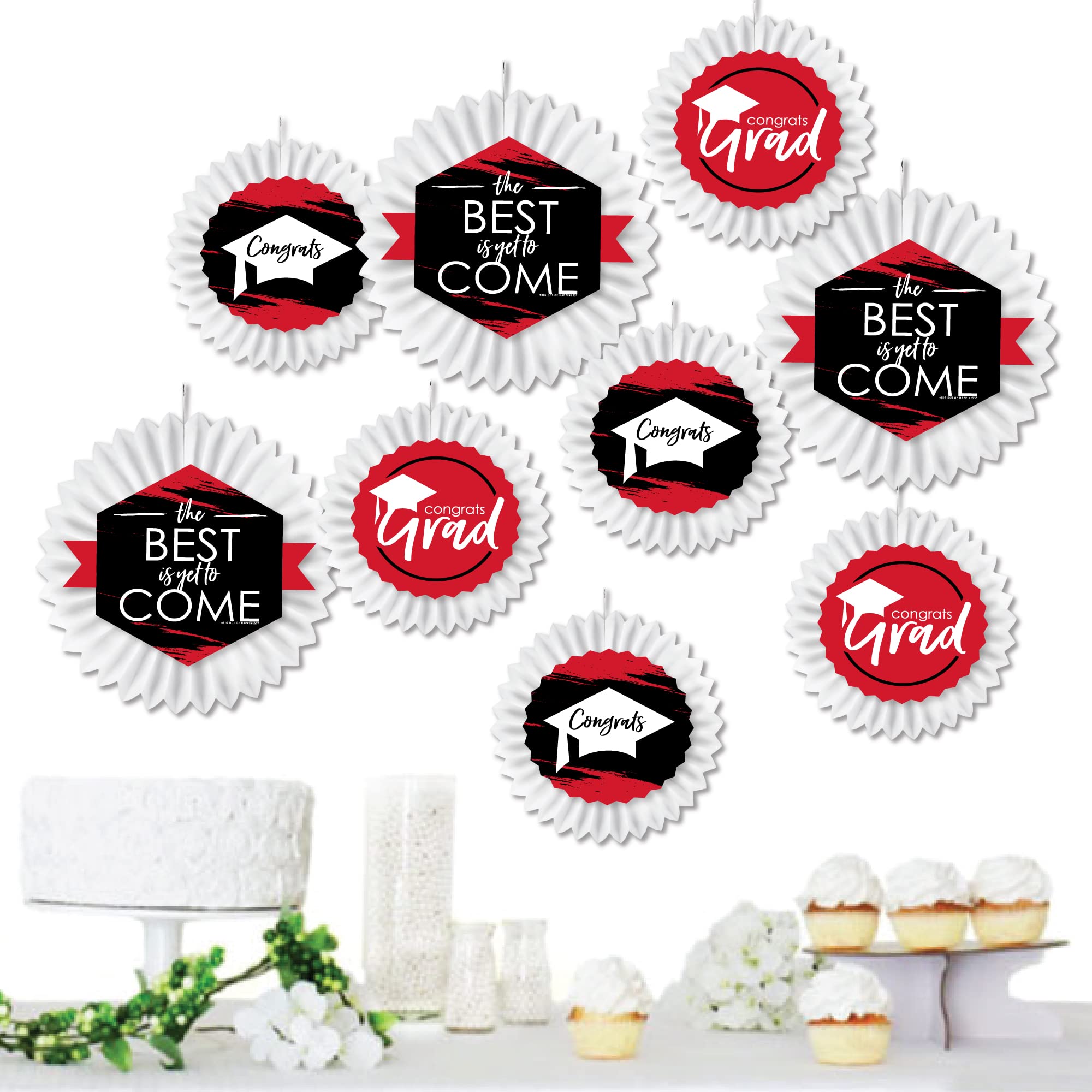 Big Dot of Happiness Red Graduation Party Decorations - 'Best is Yet to Come' Hanging Tissue Paper Fans Kit - Set of 9 for Graduation Ceremony, Party Backdrop & Photo Booth Decor