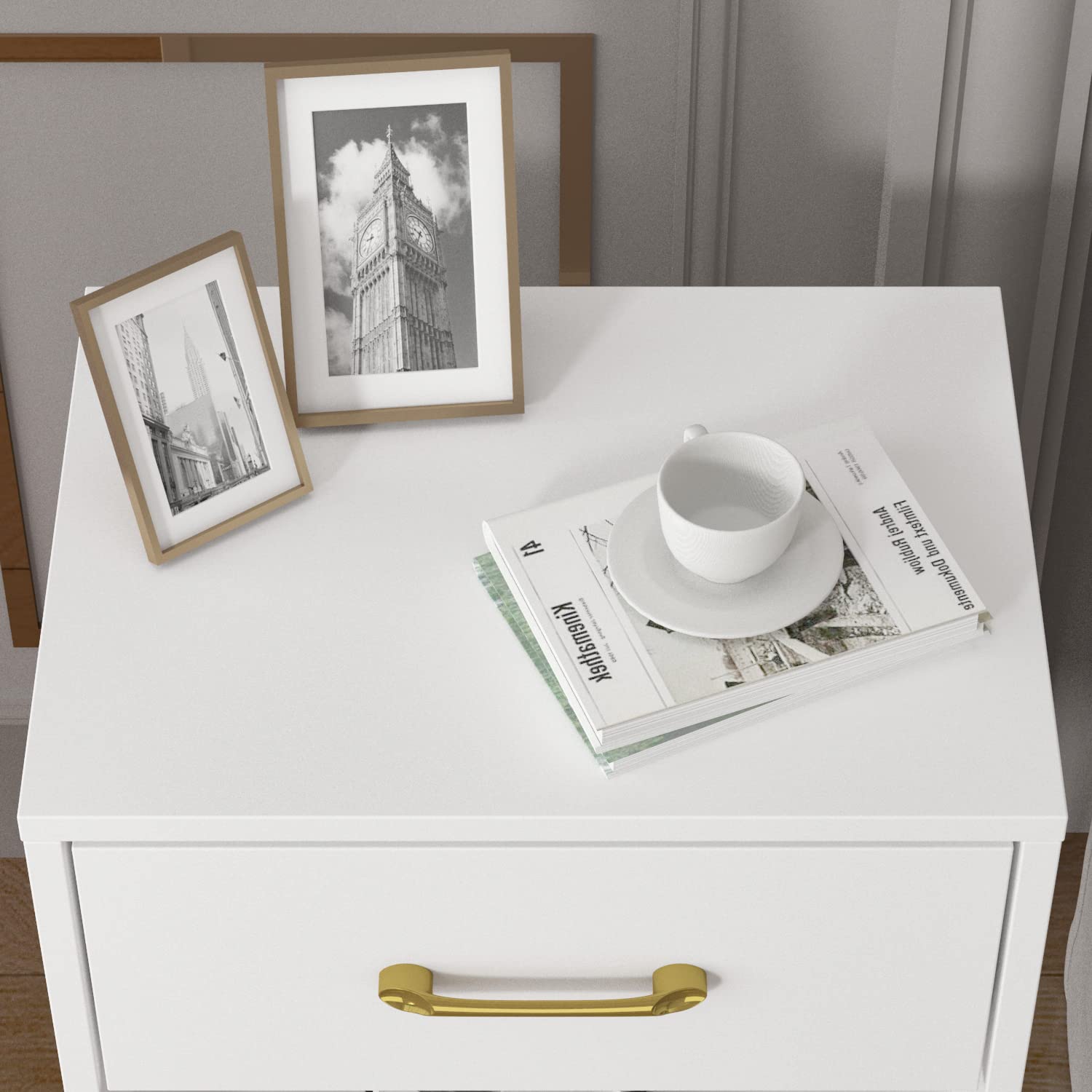 AIEGLE White Nightstand Set of 2 - Modern Wooden End Tables with Drawer & Shelf, Small Bedside Tables with Gold Metal Legs for Bedroom Storage (15.7