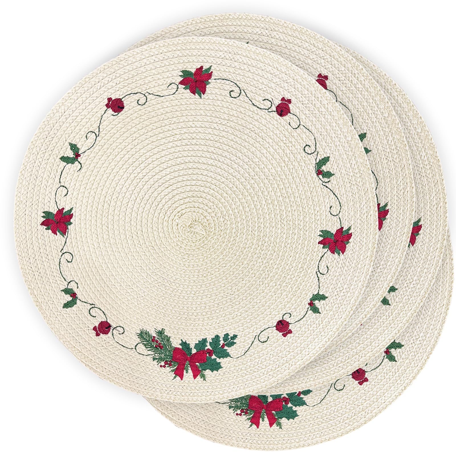 LaneVines Christmas Placemats Set of 4 - Round Embroidered Holiday Table Mats for Kitchen & Dining Decor - Perfect for Christmas Dinner, Party, and Festive Home Decorations