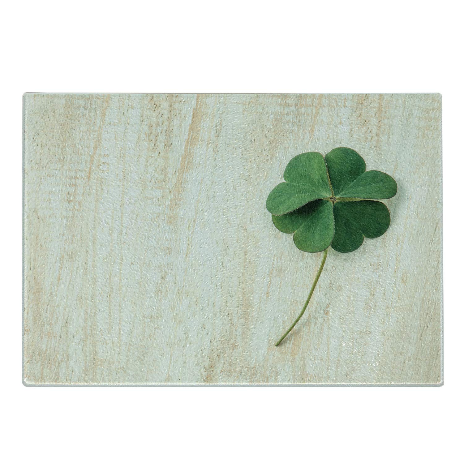Ambesonne 4-Leaf Clover Shamrock Tempered Glass Cutting Board - Decorative Serving Tray with Grunge Backdrop Design, Small Size Champagne Off White - Perfect for St. Patrick's Day Parties, Kitchen Decor & Cheese Charcuterie Boards