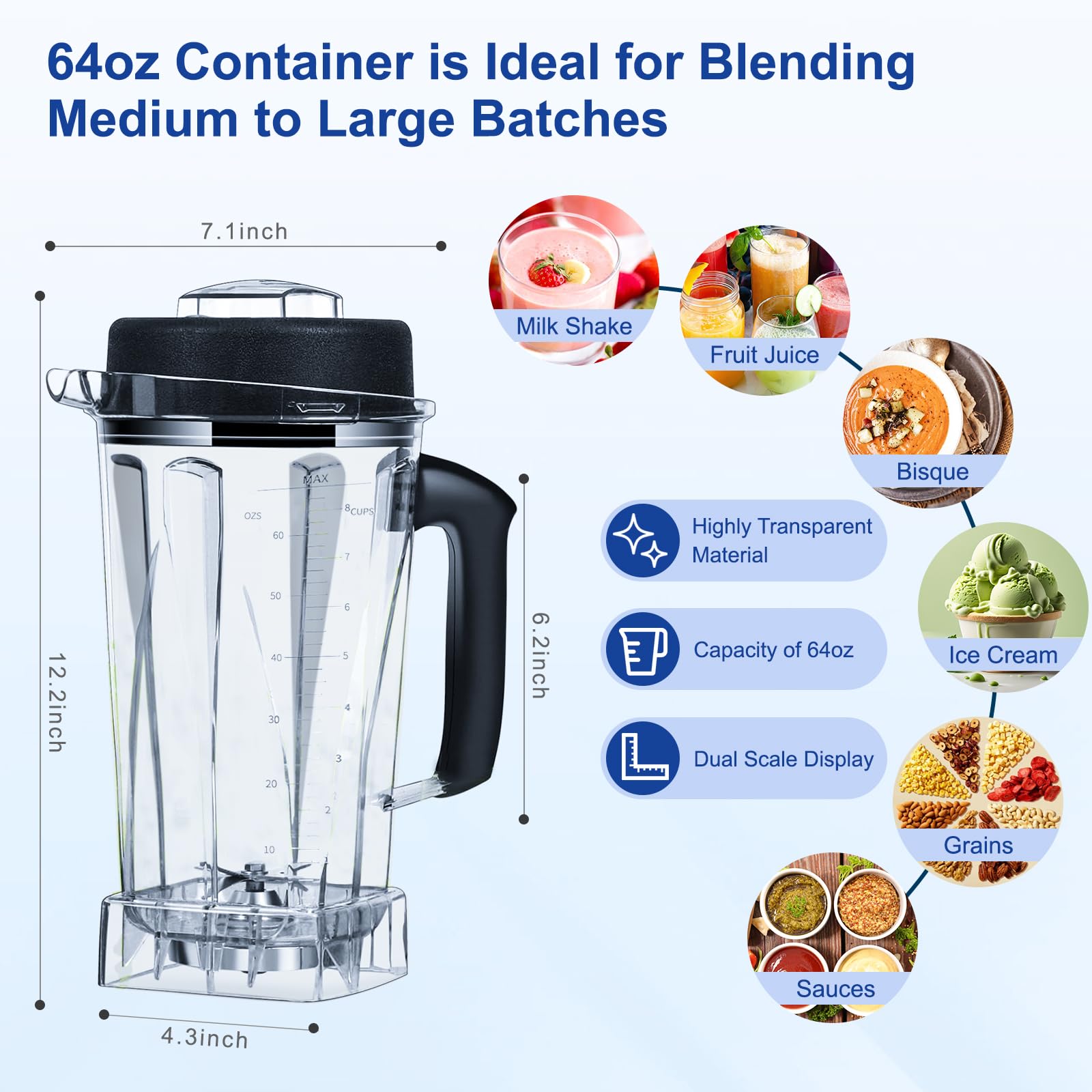 64oz Vitamix Blender Pitcher Replacement - Compatible with Classic C-Series 5200 6300 5000 5500 4200 4500 750 & Explorian Commercial Professional Series - BPA-Free 64 Ounce Blender Container for Smoothies, Soups & Nut Butters - Perfect for Home & Commercial Kitchen Use