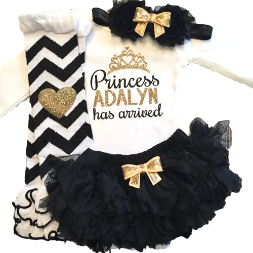 Personalized Baby Girl Take Home Outfit Set - Custom Name Tutu Dress, Bloomers, Headband & Leg Warmers (Black & Gold) | Newborn Photoshoot, Christening, Birthday Party Outfit