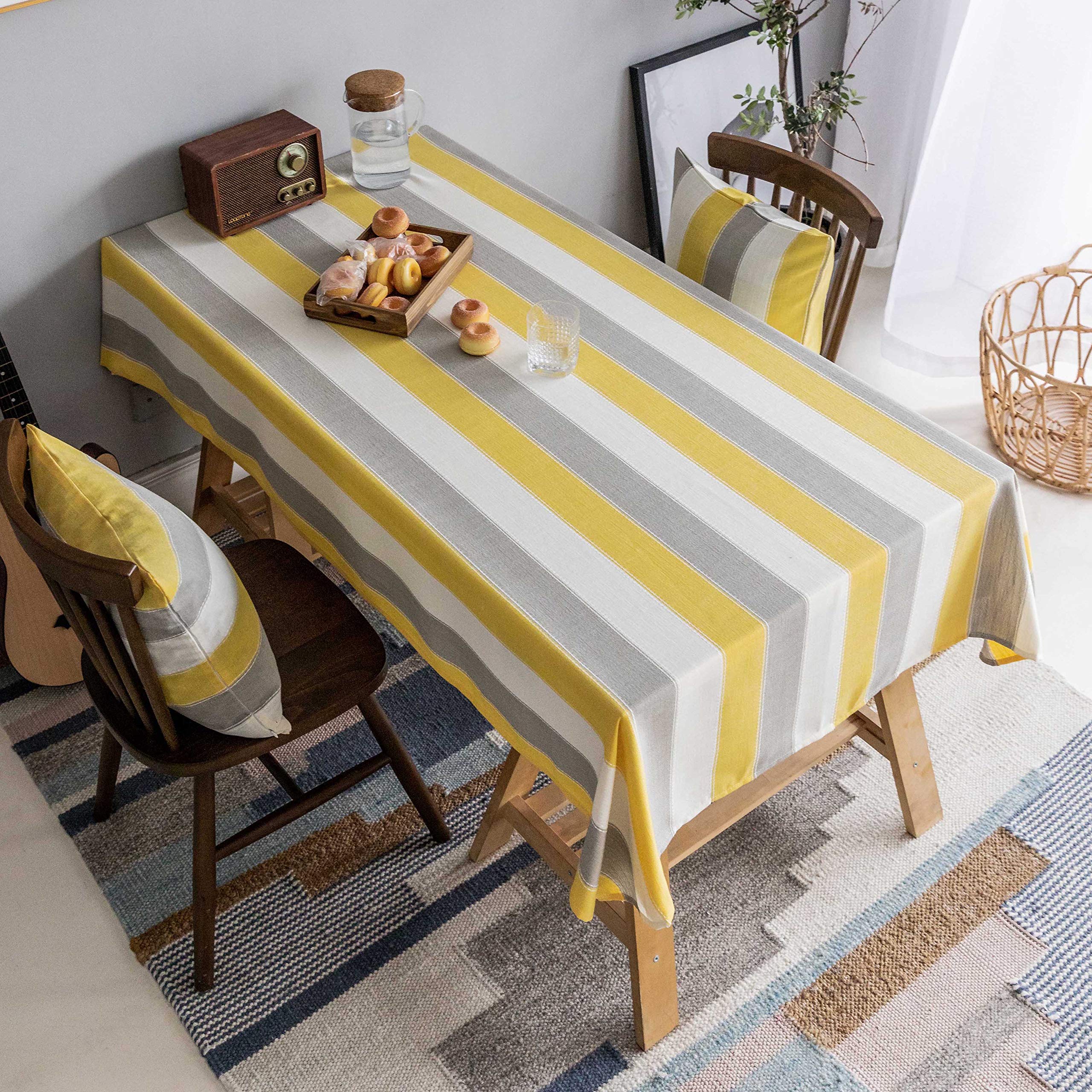 Rustic Striped Rectangle Tablecloth 52x86 Inches - Yellow Cotton Table Cover for Dining, Kitchen, Party, Patio - Indoor & Outdoor Use - Perfect for Farmhouse Decor, Picnics, and Outdoor Gatherings