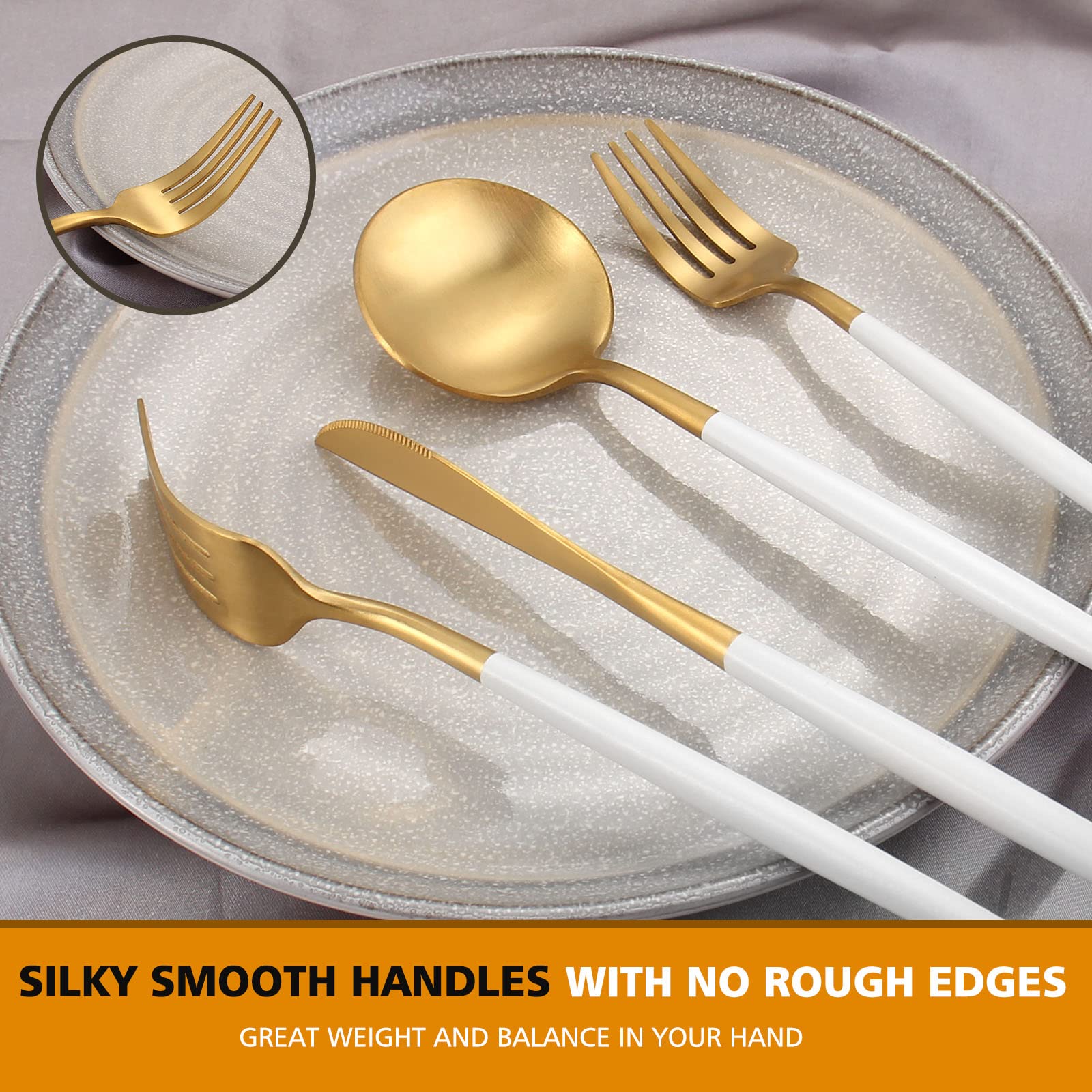Oliviola 20-Piece Matte White Gold Silverware Set - Stainless Steel Flatware Cutlery Set Service for 4 - Satin Finish Kitchen Utensils - Dishwasher Safe - Perfect for Dinner Parties, Weddings & Everyday Dining