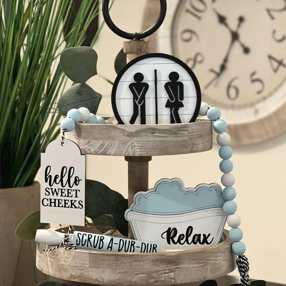 6-Piece Bathroom Tiered Tray Decor Set - Modern Bathroom Themed Decor Bundle for Countertop, Vanity & Shelves - Perfect for Small Space Organization, Spa-Inspired Decor & Gift Ideas