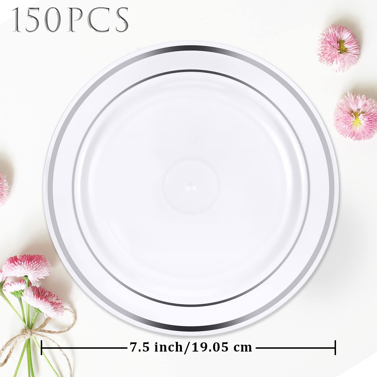 150-Piece Disposable Plastic Plates Set - 7.5 Inch White Silver Salad & Dessert Plates with Decorative Rim - Bulk Party Supplies for Weddings, Birthdays, Picnics & Catering Events (Ideal for Serving Cakes, Appetizers & Finger Foods)