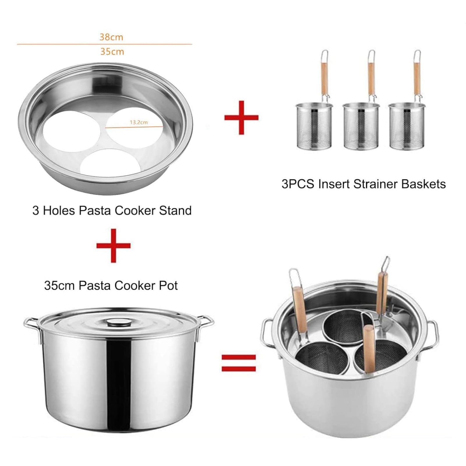 Stainless Steel 3/4/5 Hole Pasta Cookware Set with Strainer & Lid - 35cm Pasta Pot for Home & Commercial Kitchen - Perfect for Cooking, Steaming & Stockpot Use