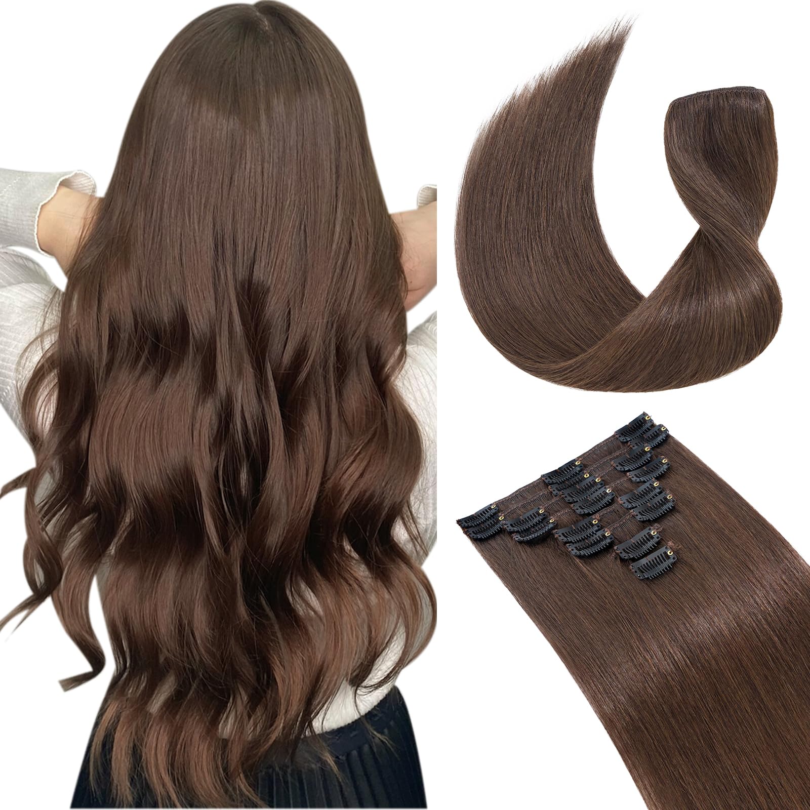 Hairro Clip in Hair Extensions 100% Human Hair - 12 Inch 55g Thin Standard Weft (8 Pcs, 18 Clips) for Women - Silky Straight Real Hair Extensions #2A - Perfect for Volume Boost, Styling & Special Occasions