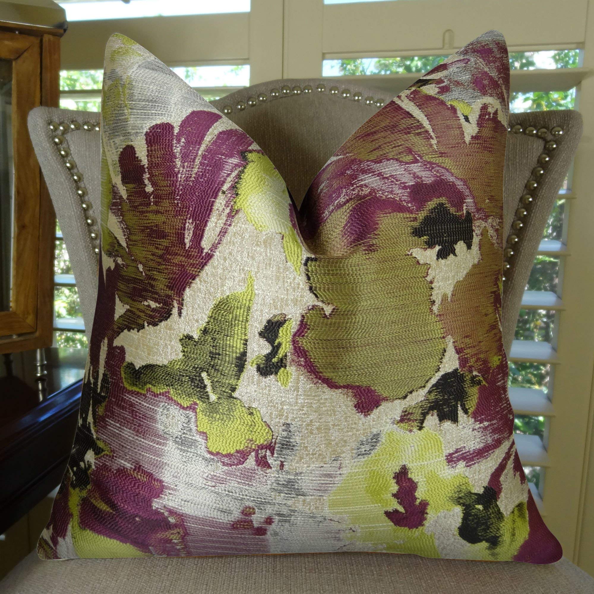 Designer Floral Throw Pillow - Modern Berry Fuchsia Citrine Yellow Ivory Grey Decorative Cushion | Made in USA | Perfect for Living Room Sofa, Bedroom Decor & Home Styling