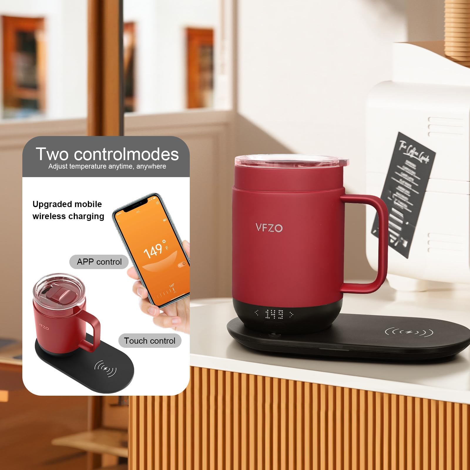 16Oz Smart Coffee Mug with Temperature Control & LED Display - Self Heating Travel Mug, 180 Min Battery Life, Fast Wireless Charging (149℉ Max) - Perfect for Office, Commute & Home Use (Burgundy, 16oz)