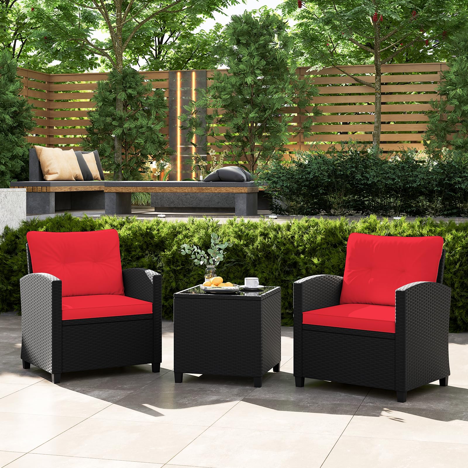 Tangkula 3-Piece Outdoor Patio Furniture Set - Rattan Wicker Sofa Set with Soft Cushions & Glass Coffee Table - Durable Conversation Set for Backyard, Porch, Poolside, Garden (Red) - Perfect for Relaxing, Entertaining & Outdoor Gatherings
