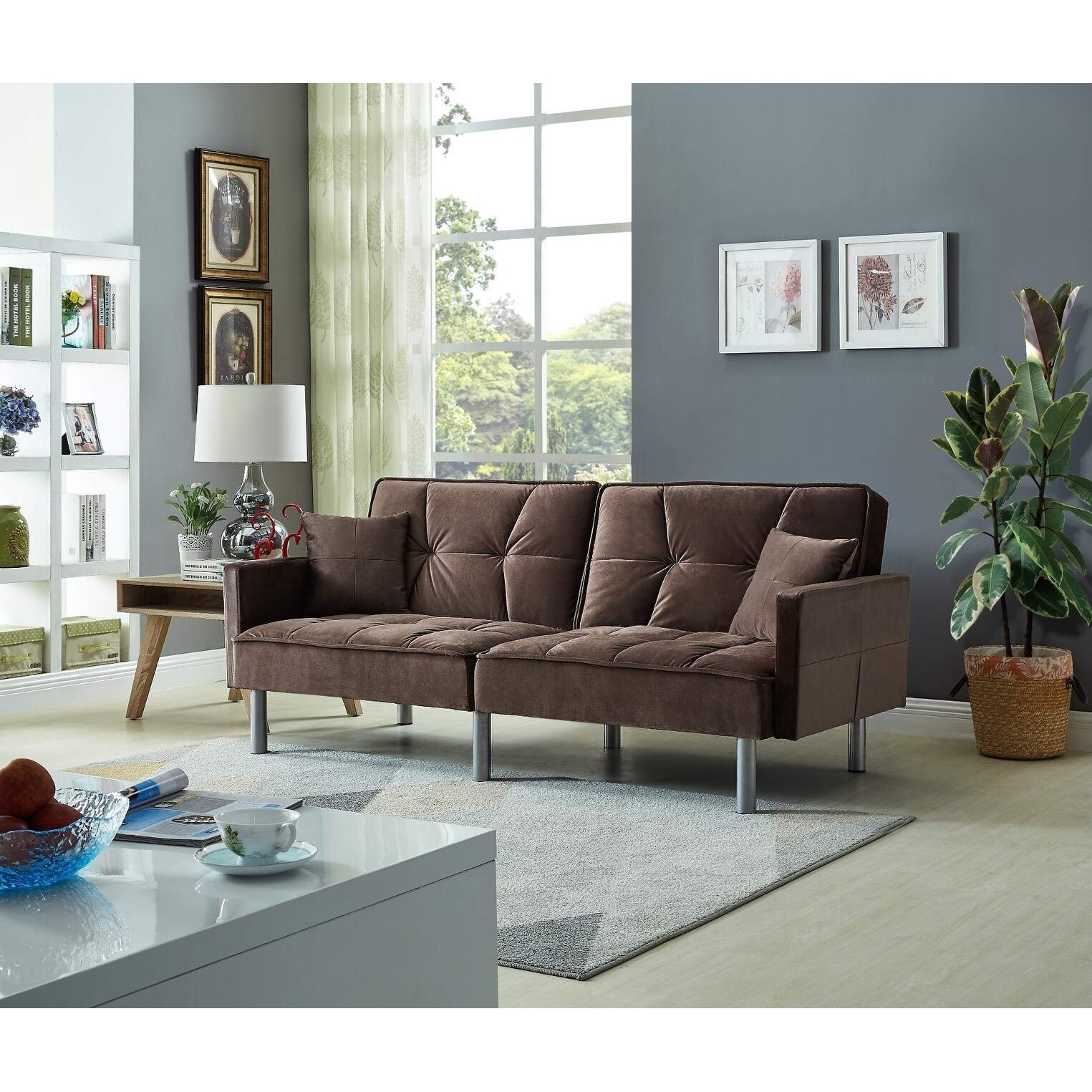 Emma Velvet Mid Century Sofa Sleeper in Grey – Convertible Sleeper Sofa for Small Spaces, Modern Living Room & Guest Room Furniture – Comfortable & Stylish Design