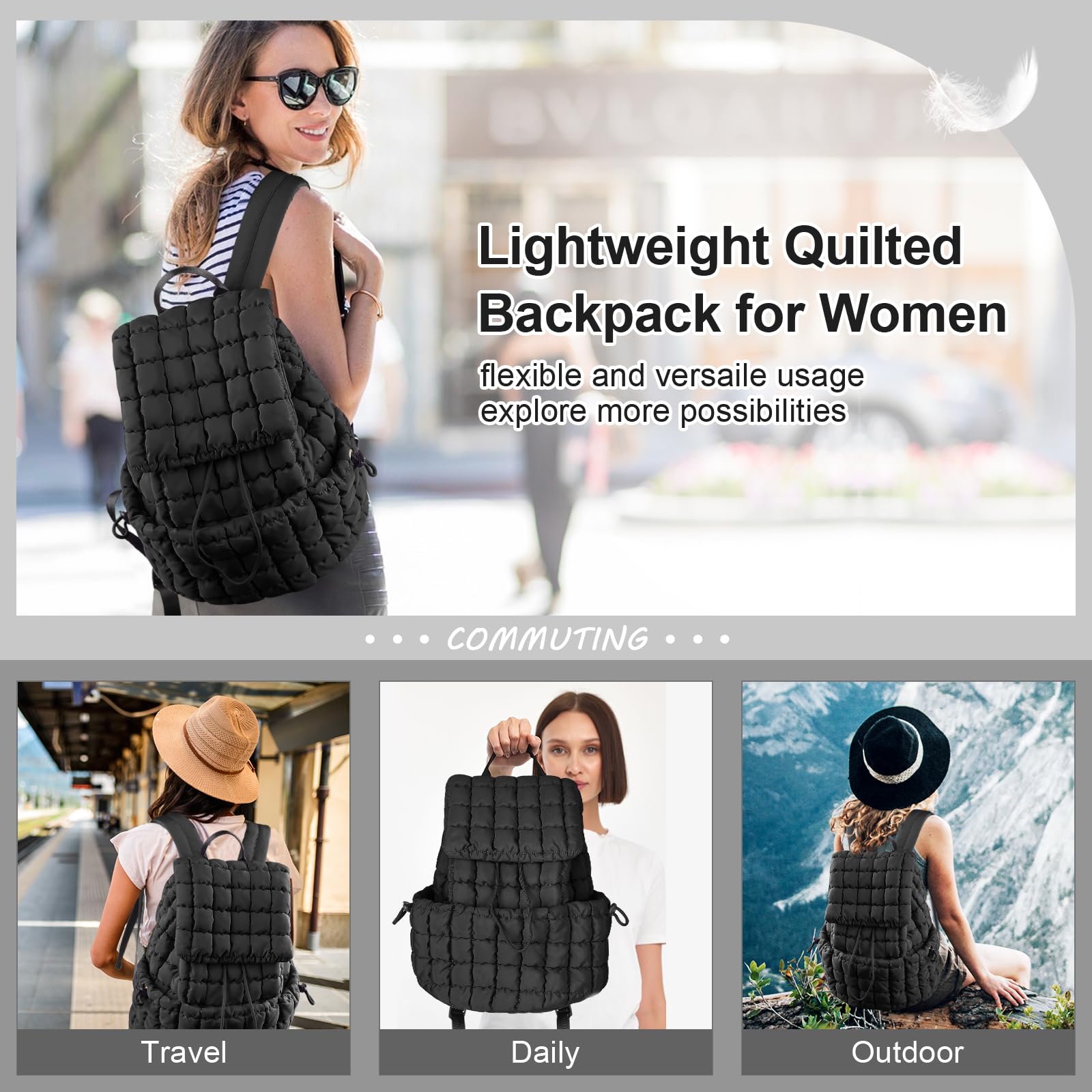 Quilted Backpack Purse for Women - Lightweight Puffer Laptop Bag for College, Travel & Gym (Black)