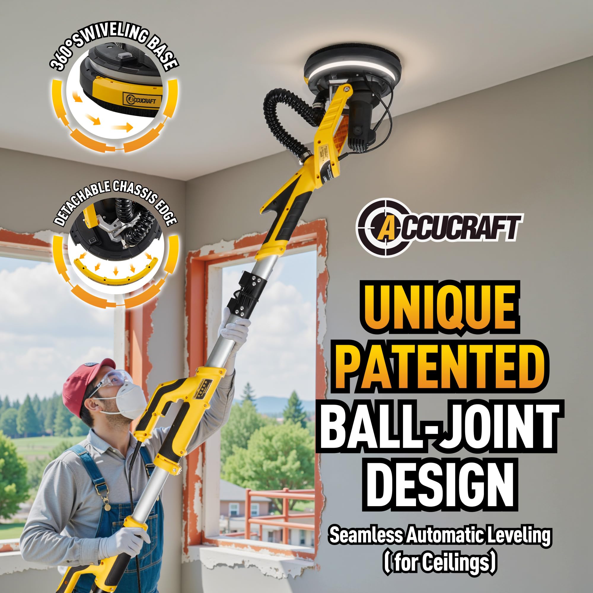 Powerful Electric Drywall Sander with Vacuum - Auto Dust Absorption, Dust-Free Design, 7 Variable Speeds (900-1800 RPM), 26' Power Cord & LED Light - Perfect for Popcorn Ceiling Removal, Wall Smoothing, and Home Renovation Projects