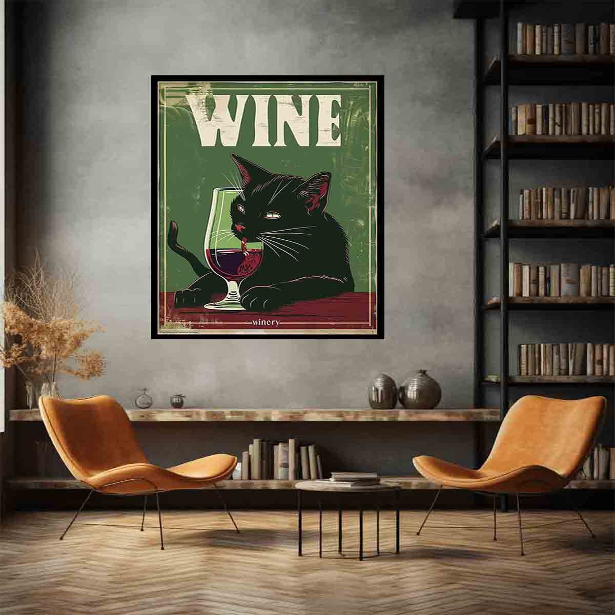 Black Cat Drinking Red Wine Wall Art - Funny Home Decor for Living Room, Bar & Office