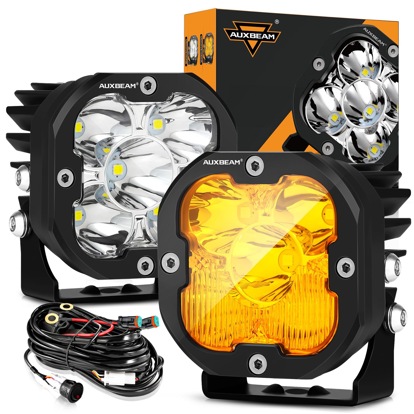 Auxbeam 3 Inch LED Pods - 80W 9600LM Amber Fog Light Pods for Offroad, Jeep, Truck, ATV, UTV | Spot Flood Combo Ditch Lights | Perfect for Night Driving, Work Lighting, and Outdoor Adventures