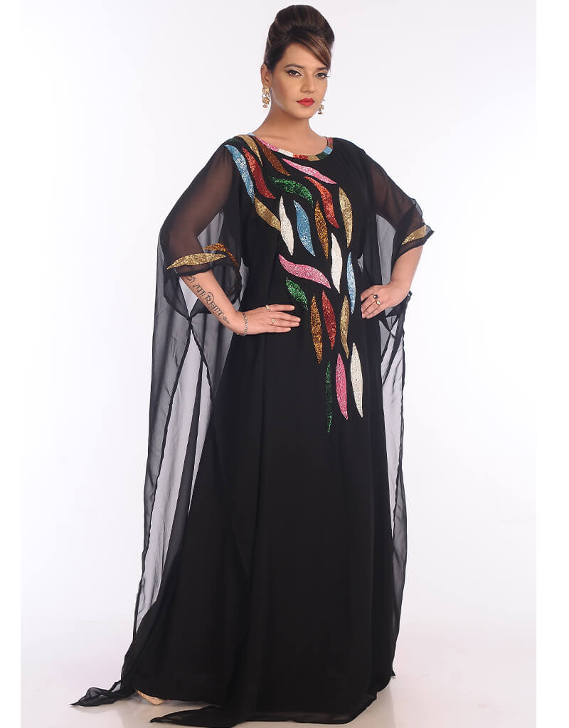 Elegant Black Georgette Hand Embroidered Kaftan Dress for Women - Perfect for Parties, Weddings & Special Occasions