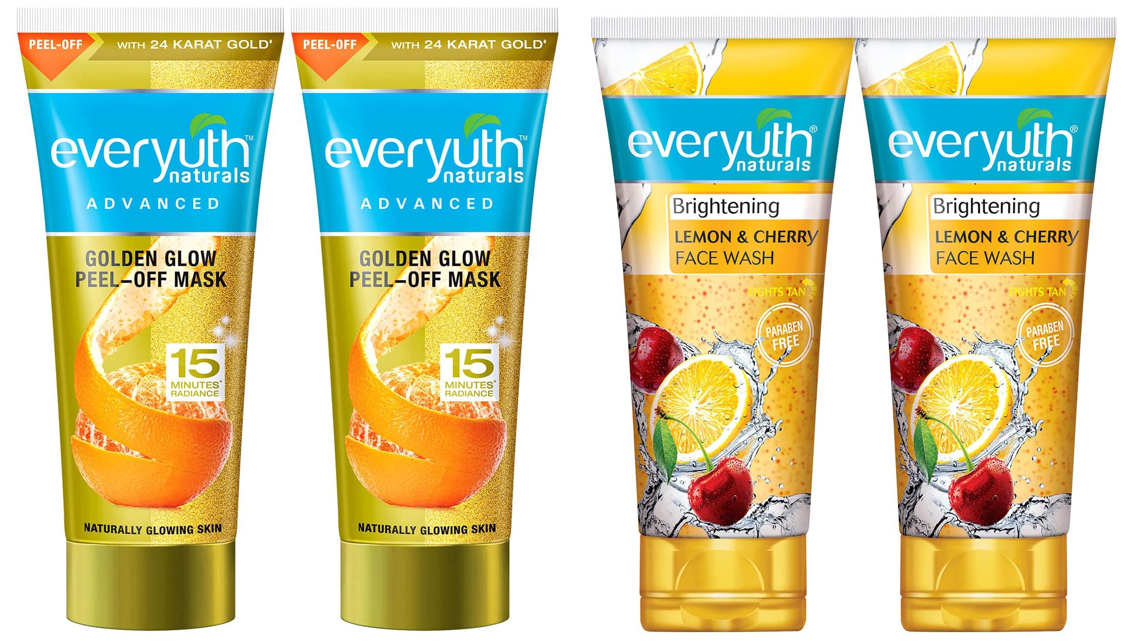 Everyuth Golden Glow Peel-off Mask & Brightening Lemon Cherry Face Wash Combo - 100g & 150g (Pack of 2 Each) - Deep Cleansing, Exfoliating & Skin Brightening - Perfect for Daily Skincare Routine & Glowing Skin