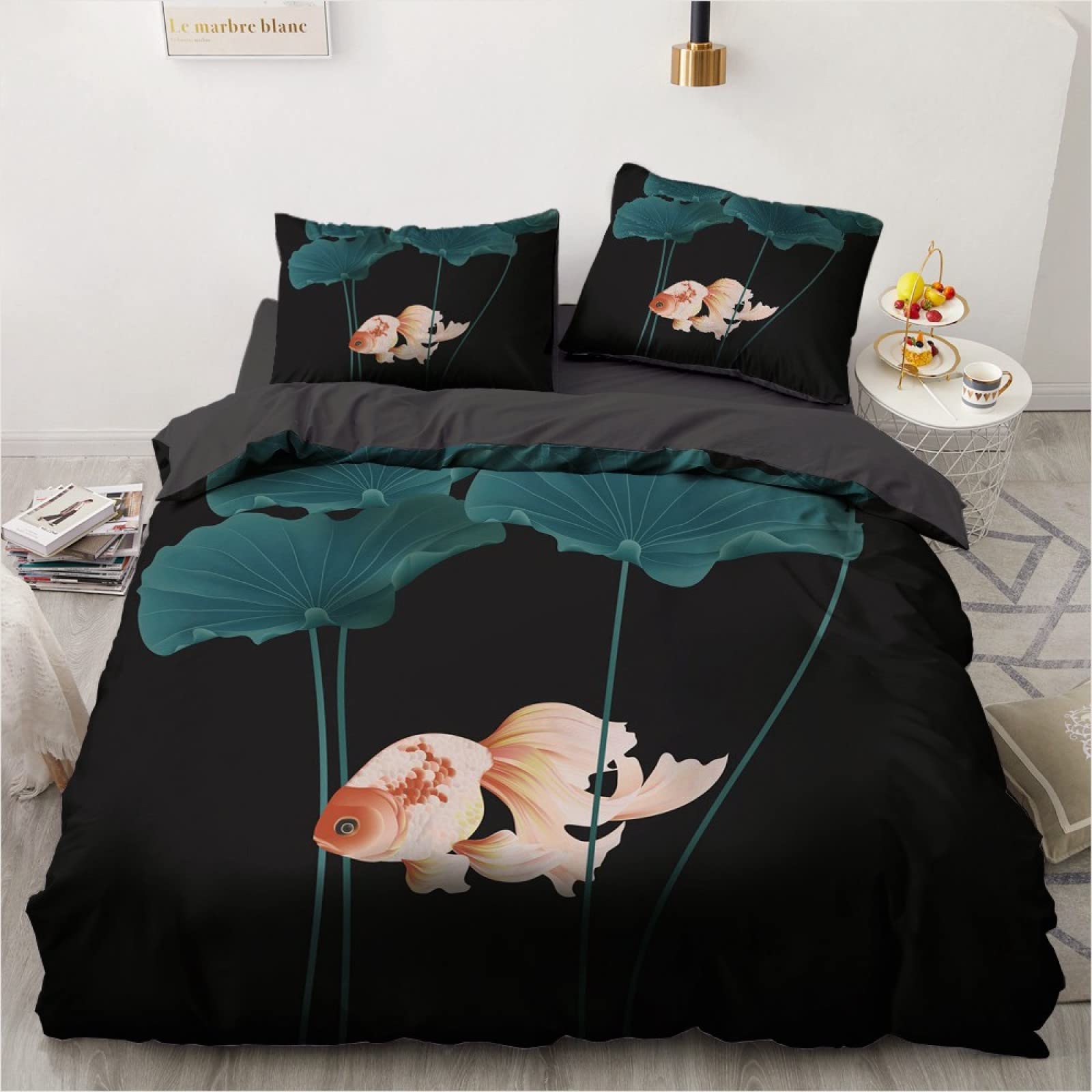 Premium Twin Duvet Cover Set - Black Goldfish Pattern Microfiber Bedding with Zipper Closure & 2 Pillowcases (20x26