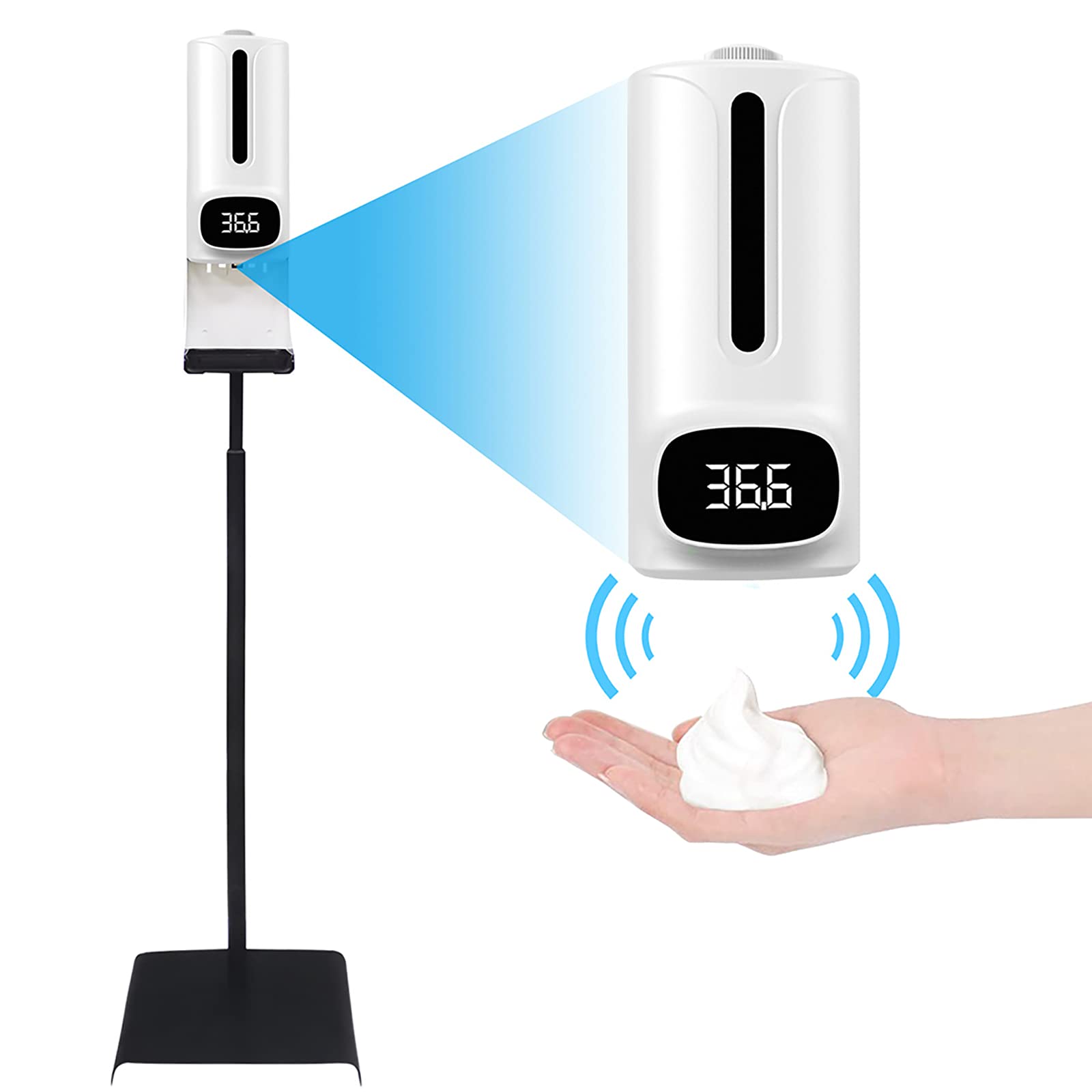 LWWOZL Automatic Touchless Hand Sanitizer Dispenser Stand with Digital Thermometer - 1200ml Capacity for Spray/Foam/Gel - 15 Language Display & Dual Power Supply (Battery/USB) - Ideal for Home, Office, and Public Spaces