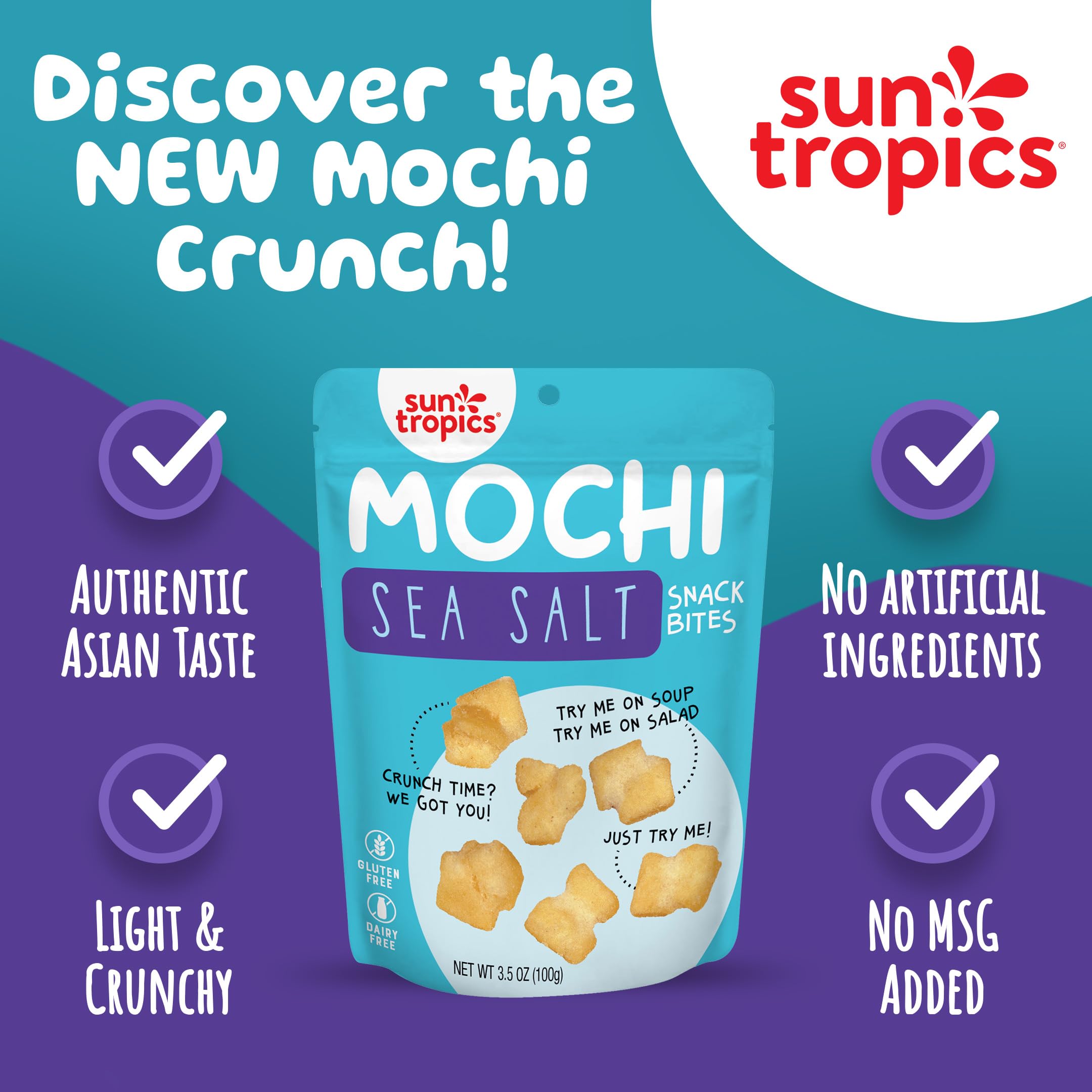 Sun Tropics Mochi Snack Bites Variety Pack - 3.5oz (6 Pack) | Crunchy Gluten Free & Dairy Free Asian Rice Snacks | No MSG | Perfect for Lunchboxes, Office Snacks & On-the-Go Treats